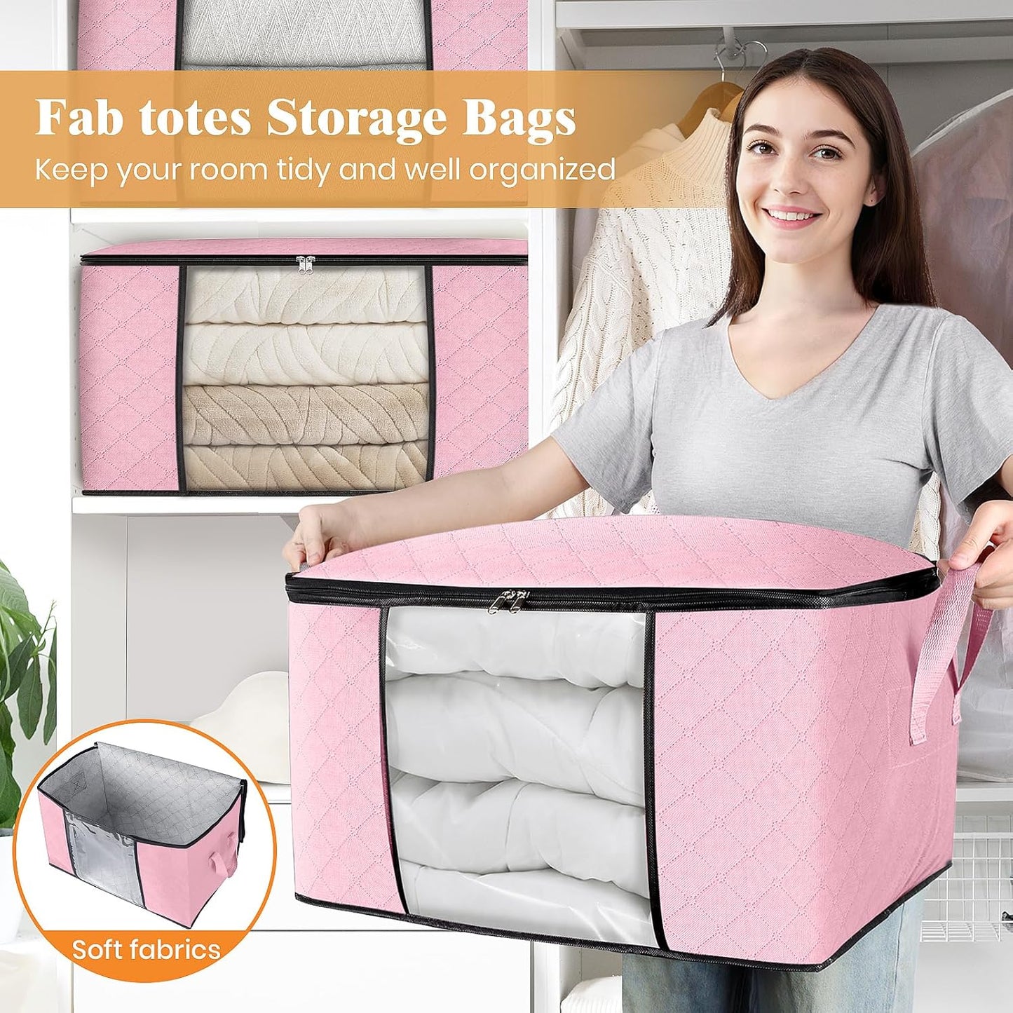 Fab totes 6 Pack Clothes Storage, Foldable Thick Fabric Blanket Storage Bags, Containers for Organizing Bedroom, Closet, Clothing, Comforter, Organization with Handle,Pink