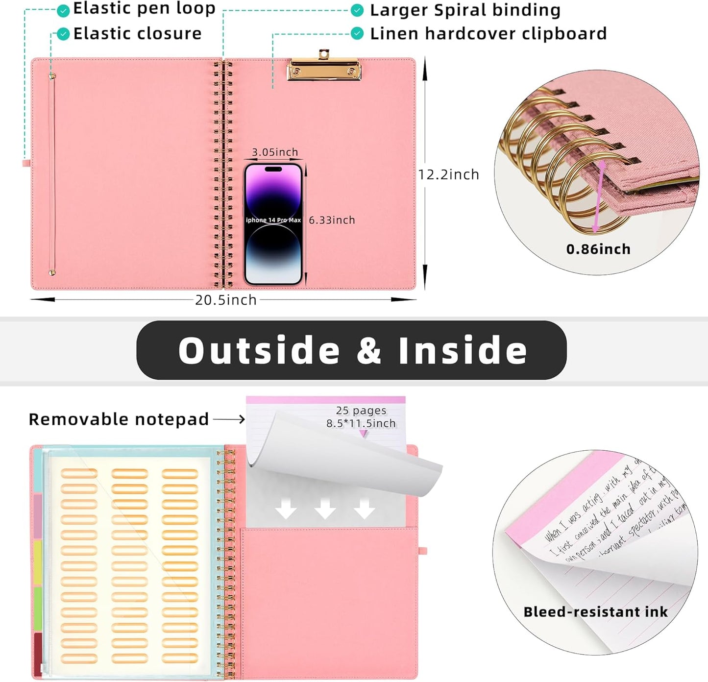 Ospelelf Pink Foldable Spiral Clipboard Folio with Storage Zipper Pouch, 5 Plastic Folders with 10 Pockets,Refillable Lined Notepad (11" x 8.5"), Hardcover Project Organizer with 39 Stickers