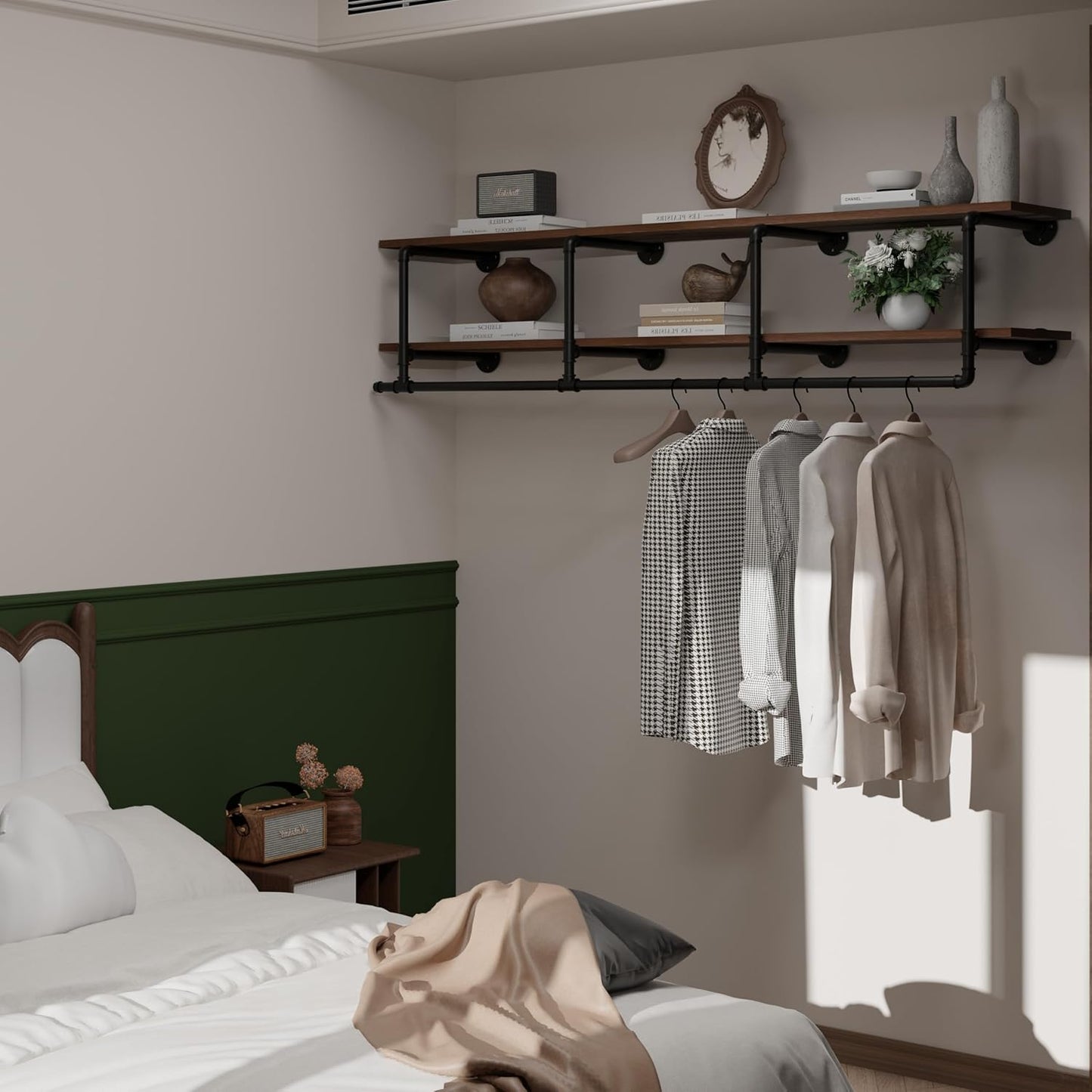 Wall Mounted Clothes Rack 12 Inch Deep, 72 Inch Heavy Duty Garment Rack with Real Walnut Wood Shelf, Multi-Purpose Hanging Rod & Space-Saving Closet Storage Organizer