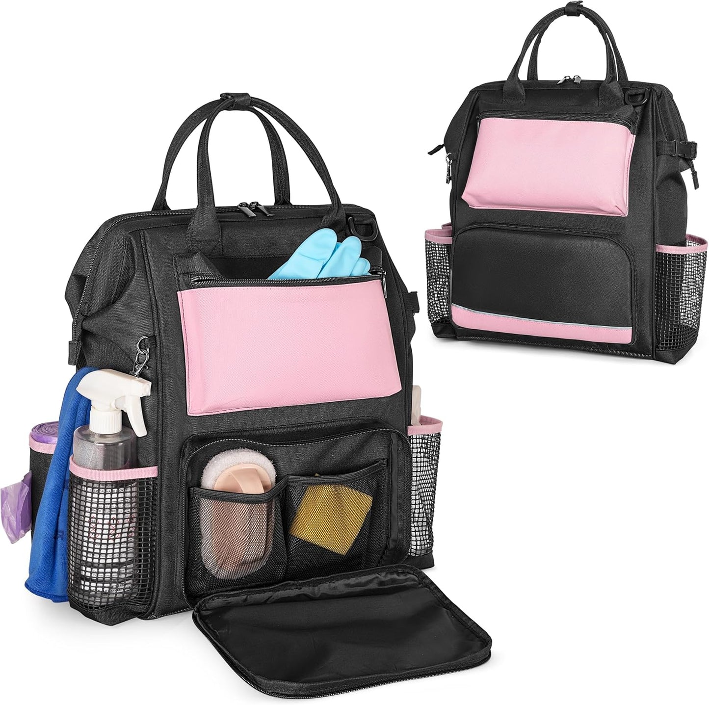 LoDrid Heavy Duty Cleaning Supplies Bag with Steel Frame Top, Large Cleaning Caddy with Adjustable Shoulder Straps and Multiple Pockets for Housekeeping Work, Pink, Bag Only, Patent Designed