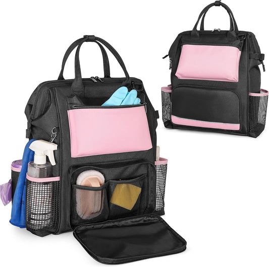 LoDrid Heavy Duty Cleaning Supplies Bag with Steel Frame Top, Large Cleaning Caddy with Adjustable Shoulder Straps and Multiple Pockets for Housekeeping Work, Pink, Bag Only, Patent Designed