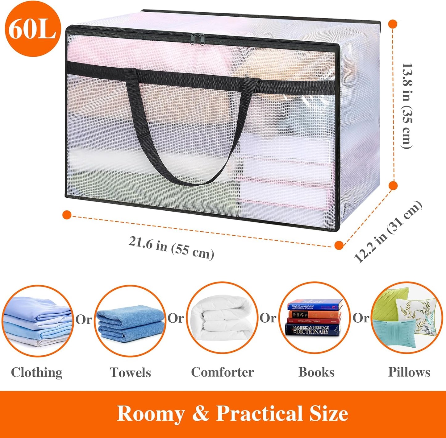 Vieshful 5 Pack 60L Clear Storage Bags with Zipper and Handles, Tear-Resistant Foldable Plastic Storage and Organizers for Clothes, Bedding, Duvets, Toys, for Closet & Moving