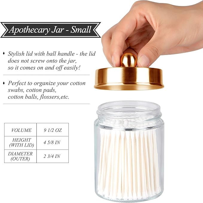 Apothecary Jars 3 Pack - Glass Bathroom Containers with Stainless Steel Lids - Rustic Farmhouse Decor Bathroom Accessories, Vanity Organizer Apothecary Jars for Qtip/Cotton Balls (Gold)