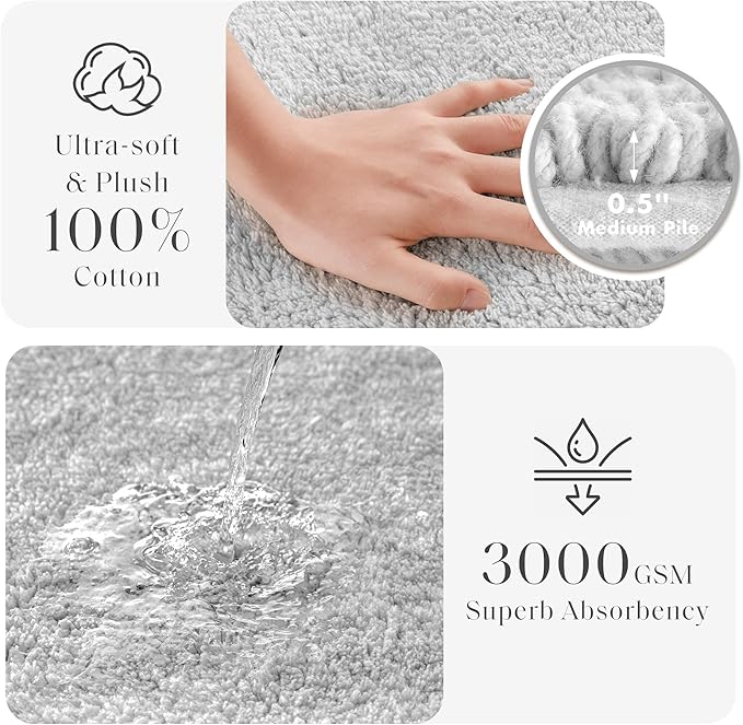 Madison Park Splendor Reversible 100% Cotton Tufted Bathroom Rug-3000 GSM Hotel Quality Luxurious Plush Medium Pile Bath Mat Absorbent, Quick Dry, Shower Room Décor, 21x34, Grey