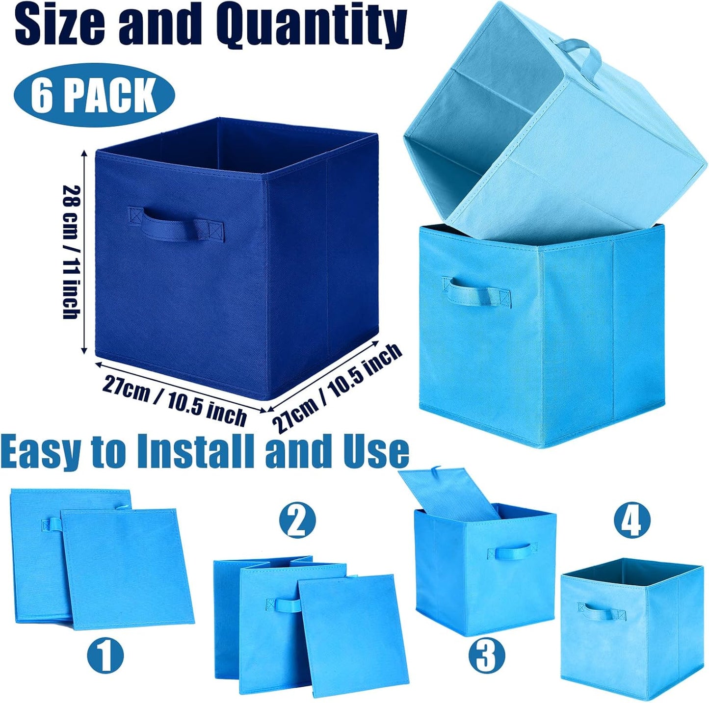 Karenhi 11 x 10. 5 x 10. 5 Blue Storage Cube, 6 Pack Fabric Cube Storage Bins Organizer Box, Collapsible Baskets with Handles Foldable Shelf for Cloth Toys Home Room Closet, Pack of 6
