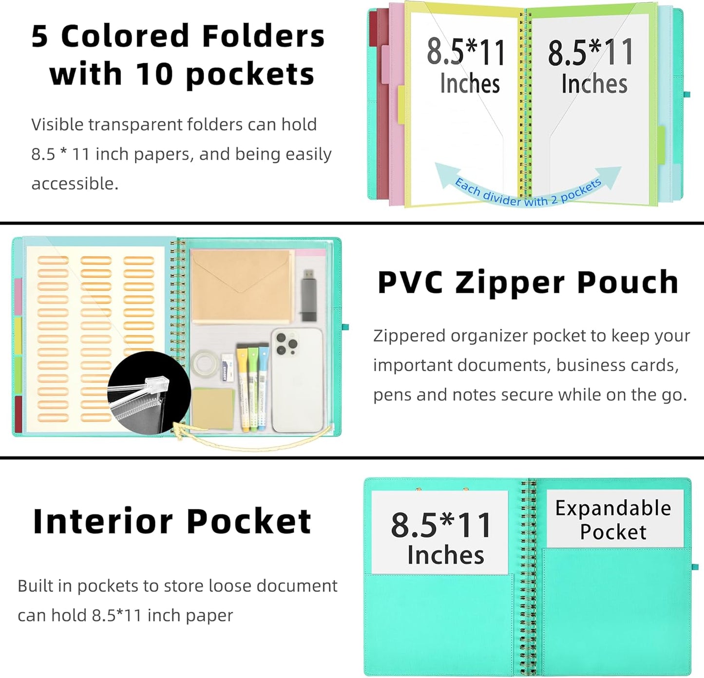 Ospelelf Foldable Spiral Clipboard Folio with Storage Zipper Pouch, 5 Plastic Folders with 10 Pockets,Refillable Lined Notepad (11" x 8.5"), Hardcover Project Organizer with 39 Stickers (Aqua)