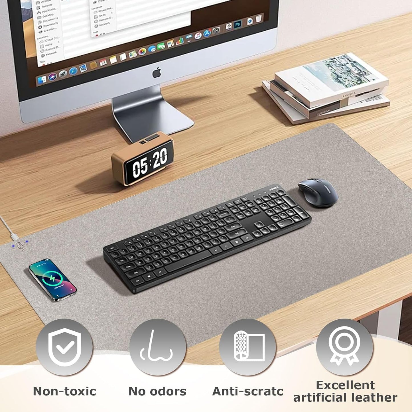Wireless Charging Mouse Pad Firelison 2 in 1 Leather Multifunctional Office Desk Pad with Non-Slip Rubber Base, Waterproof Desk pad for Computers/Office/Work/Home/Decor（ 32" x 16"Grey - L）
