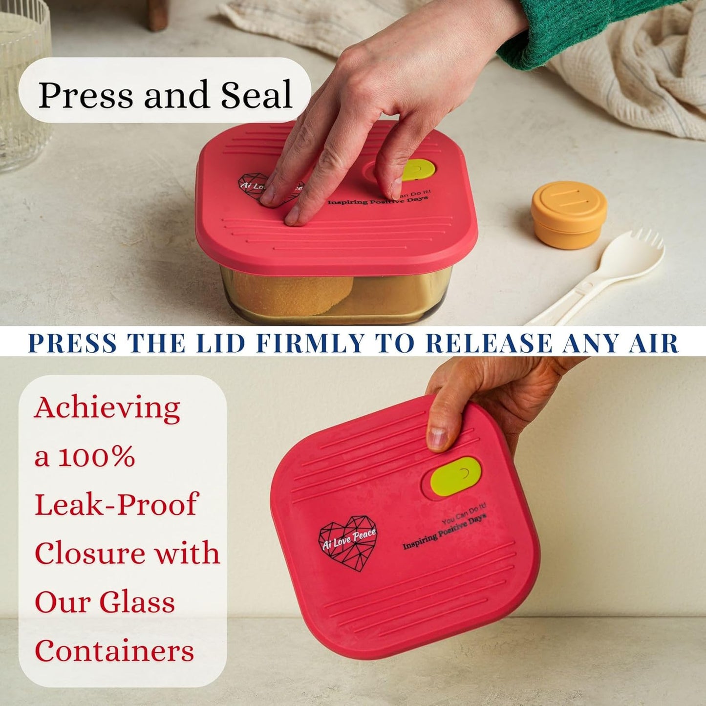 AI LOVE PEACE Glass Lunch Containers for Women Adults, Microwave Safe Glass Lunch Box, Leak Proof BPA-Free, Durable, Built-in Vent - Ideal for Meal Prep & On-the-Go Lunches (red)