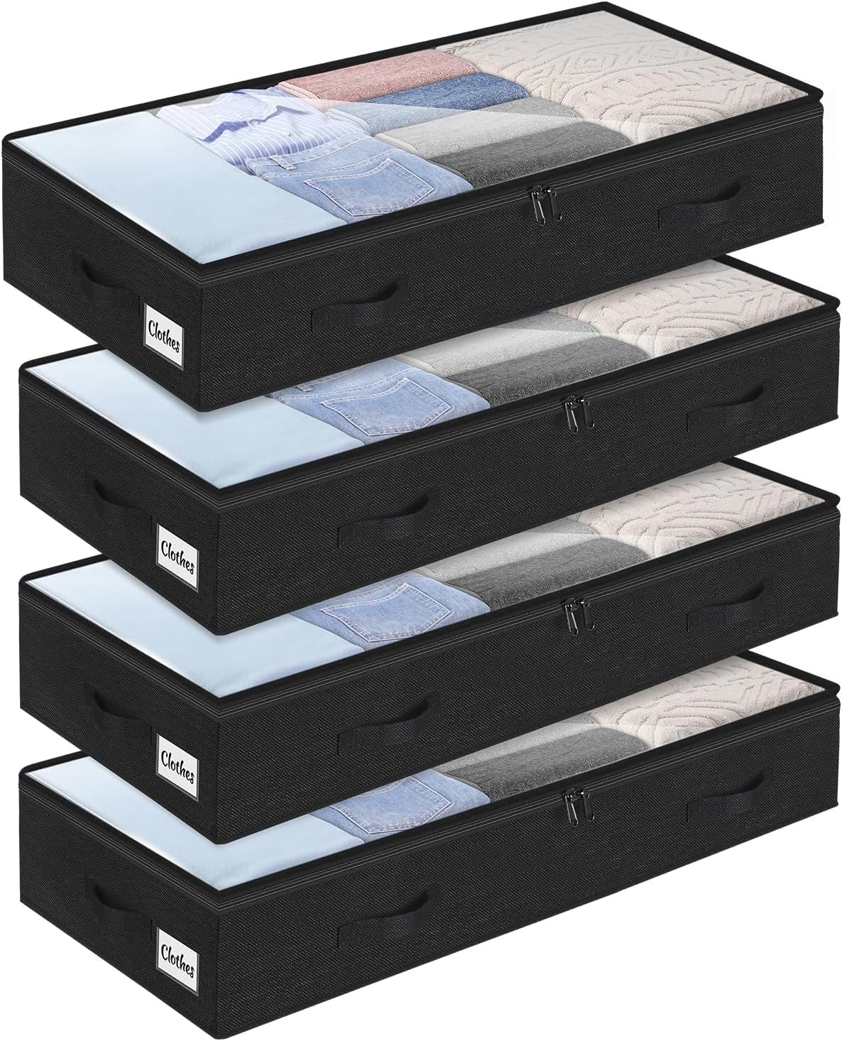 4 Pack 100L Under Bed Storage Containers, Low Profile Closet Organizers and Storage Bins for Dorm, Foldable Underbed Bag for Clothes, Blanket, Sheet, Wrapping Paper, Clear Window & Dual Zippers, Black