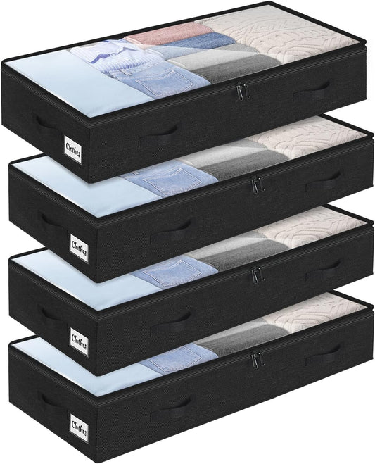 4 Pack 100L Under Bed Storage Containers, Low Profile Closet Organizers and Storage Bins for Dorm, Foldable Underbed Bag for Clothes, Blanket, Sheet, Wrapping Paper, Clear Window & Dual Zippers, Black
