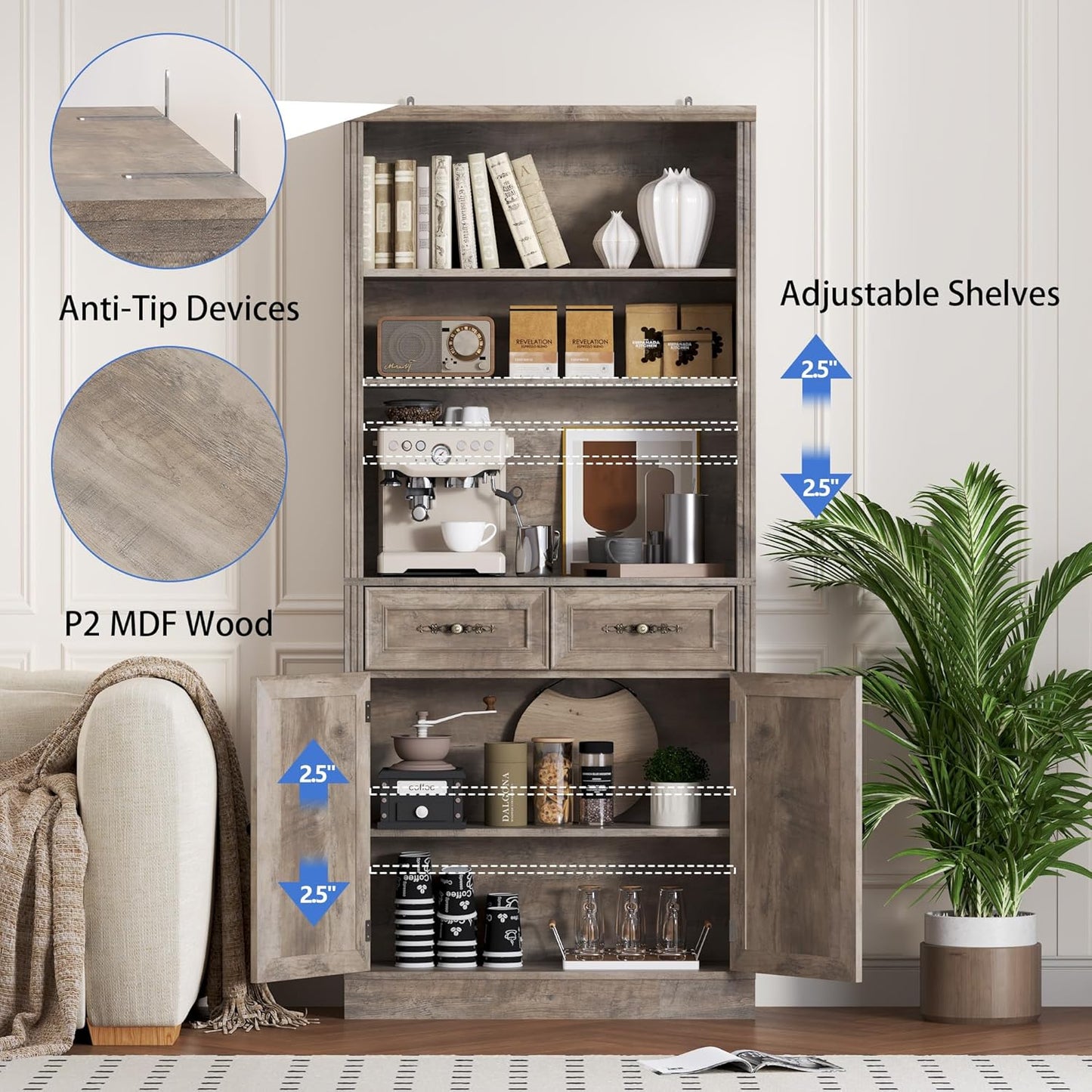71.4" Tall Bookshelf with Drawers & Cabinet, 5-Tier Floor Standing Bookcase with Storage Doors, Adjustable Shelves & Metal Handles, 31.5" Wide Organizer for Home Office, Living Room