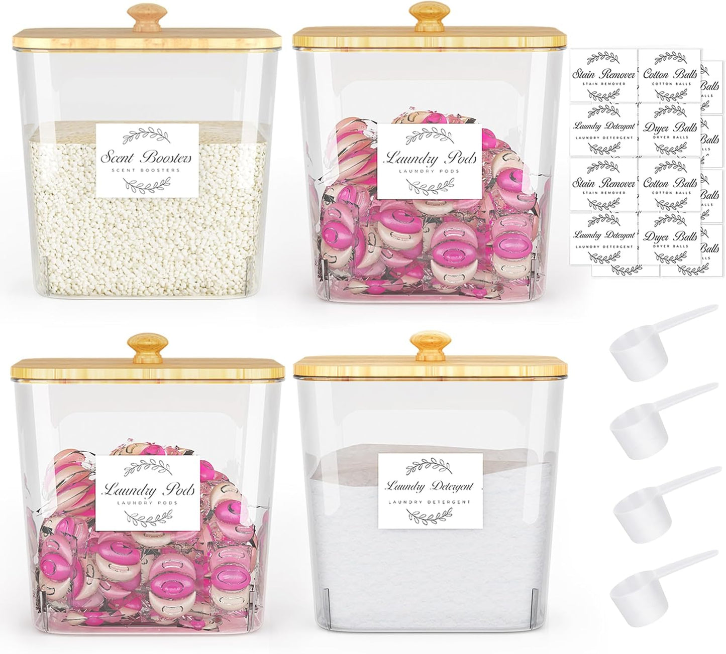 Laundry Room Organization and Storage, Laundry Pods Container with Bamboo Lids and Labels, Laundry Organizer with Scoops for Booster Beads, Powder, Pods, 4Pack