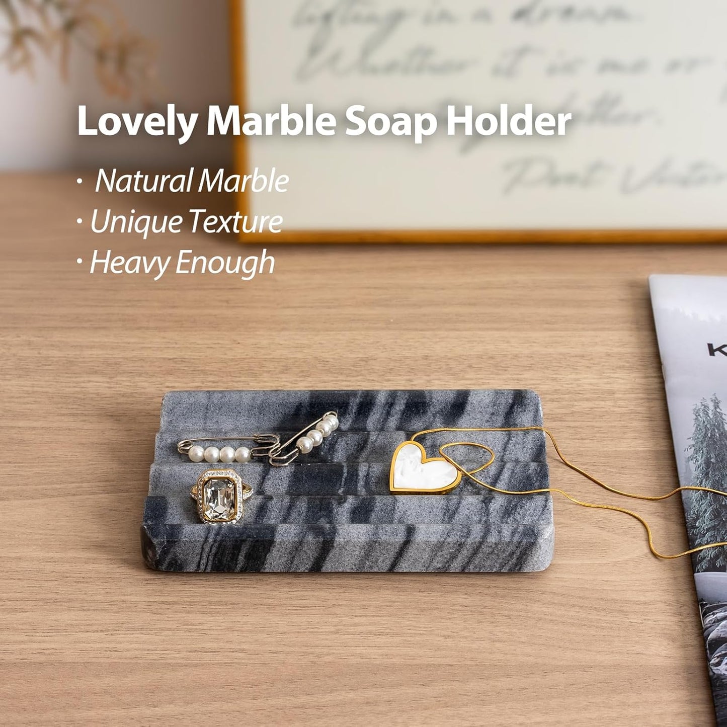 2 Pcs Soap Holder for Bathroom, Marble Soap Dish for Kitchen Countertop, Tray with Creative Wavy Design, Soap Saver for Bath Tub, Sponges, Italian Natural Stone(Monte Grigio)