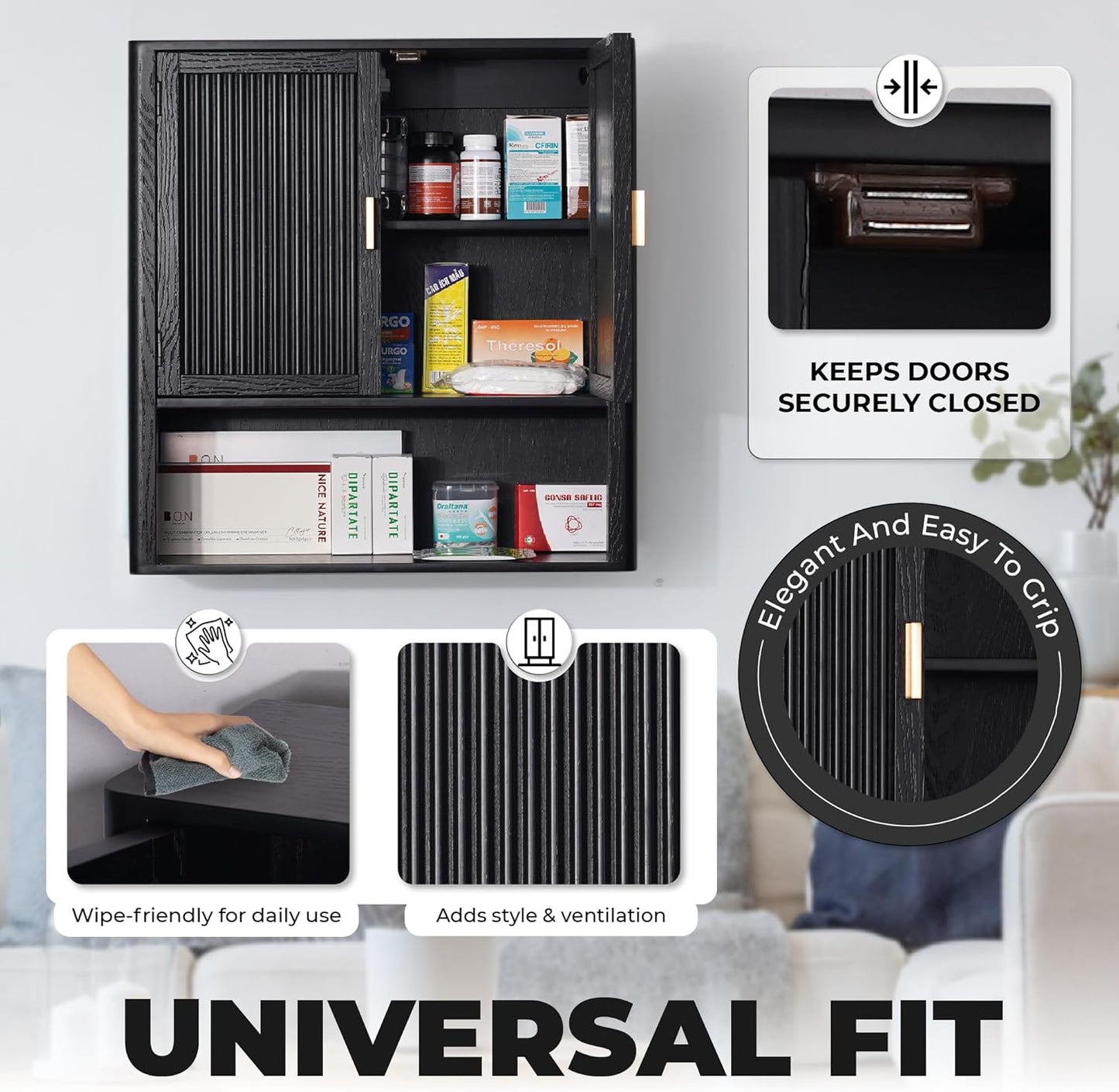 Bathroom Storage Cabinet – Pre-Assembled Wall-Mounted Medicine Cabinet with 2 Doors and Fixed Shelf, Over-The-Toilet Floating Organizer for Bathroom, Living Room, Kitchen, Laundry (Black)