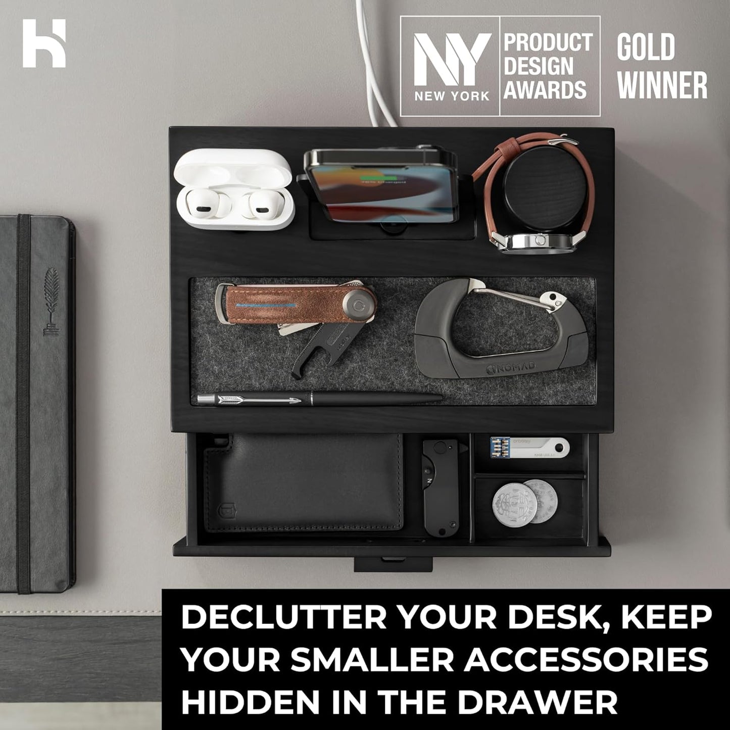 Holme & Hadfield Premium Wooden Phone Docking Station with Drawer – Nightstand Organizer for Charging Phone & Earbuds – Declutter Your Space with Felt-Lined Protection & Watch Pillar – Gift For Men