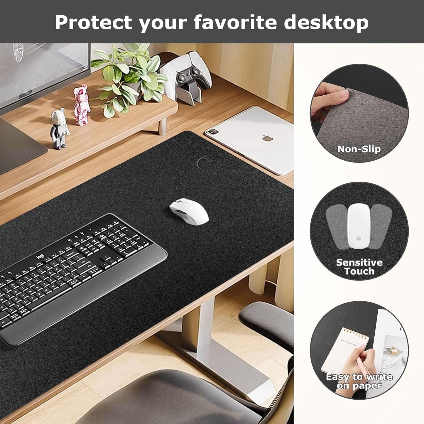 Wireless Charging Mouse Pad Firelison 2 in 1 Leather Multifunctional Office Desk Pad with Non-Slip Rubber Base, Waterproof Desk pad for Computers/Office/Work/Home/Decor（ 32" x 16"Black - R）
