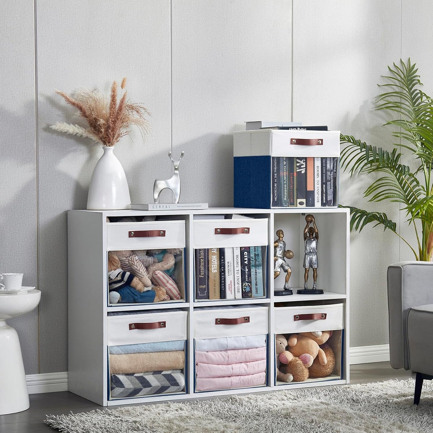 Storage Cubes, 4 Pack Linen Foldable Storage Bins (13 x 13 inch) with Clear Window and Handles, Fabric Organizer for Shelf Closet, Clothes, Books - (Navy Blue and White)