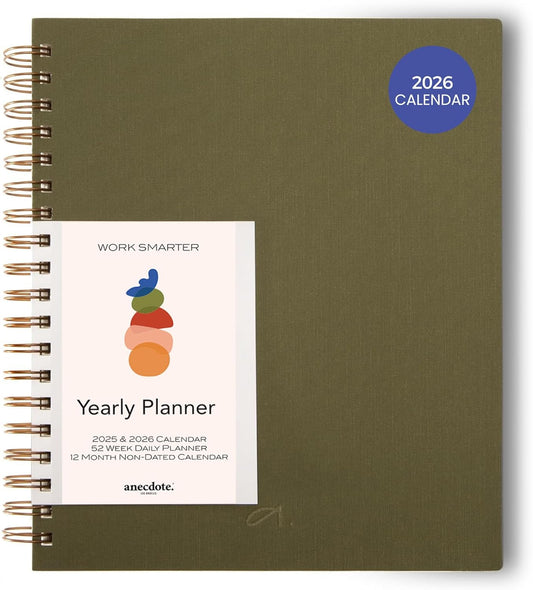 Anecdote Planner 2026 (8.5" x 10") Daily Planner Weekly Monthly Planner - 52 Weeks w/Library Buckram Cover, Brass Spiral - A4 Size Bleed-Resistant Paper – Olive Green