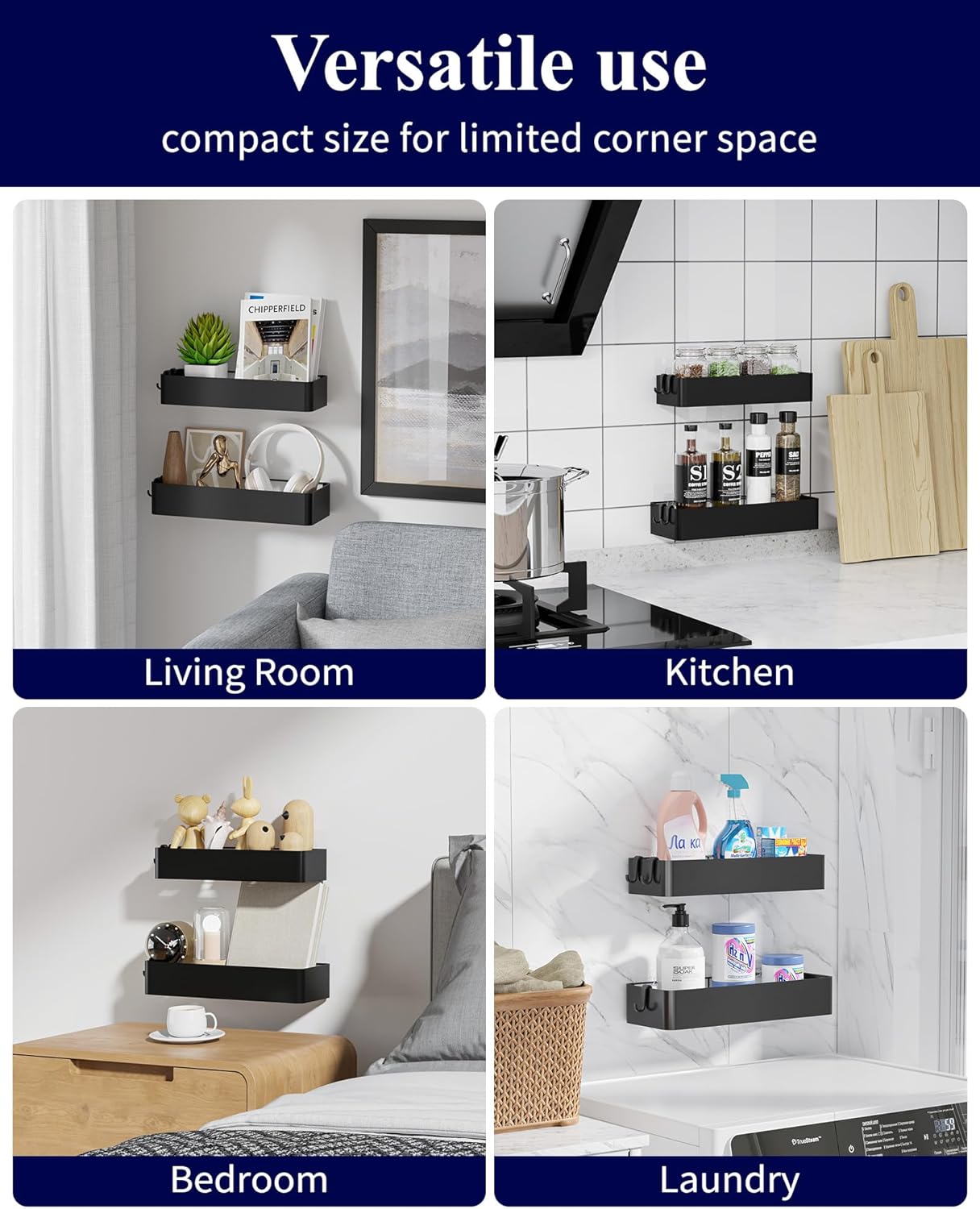 Kitsure Shower Caddy - 2 Pack Adhesive Shower Organizer, Rustproof Metal Shelves, No-Drill Bathroom Organizers and Storage, Black, Large