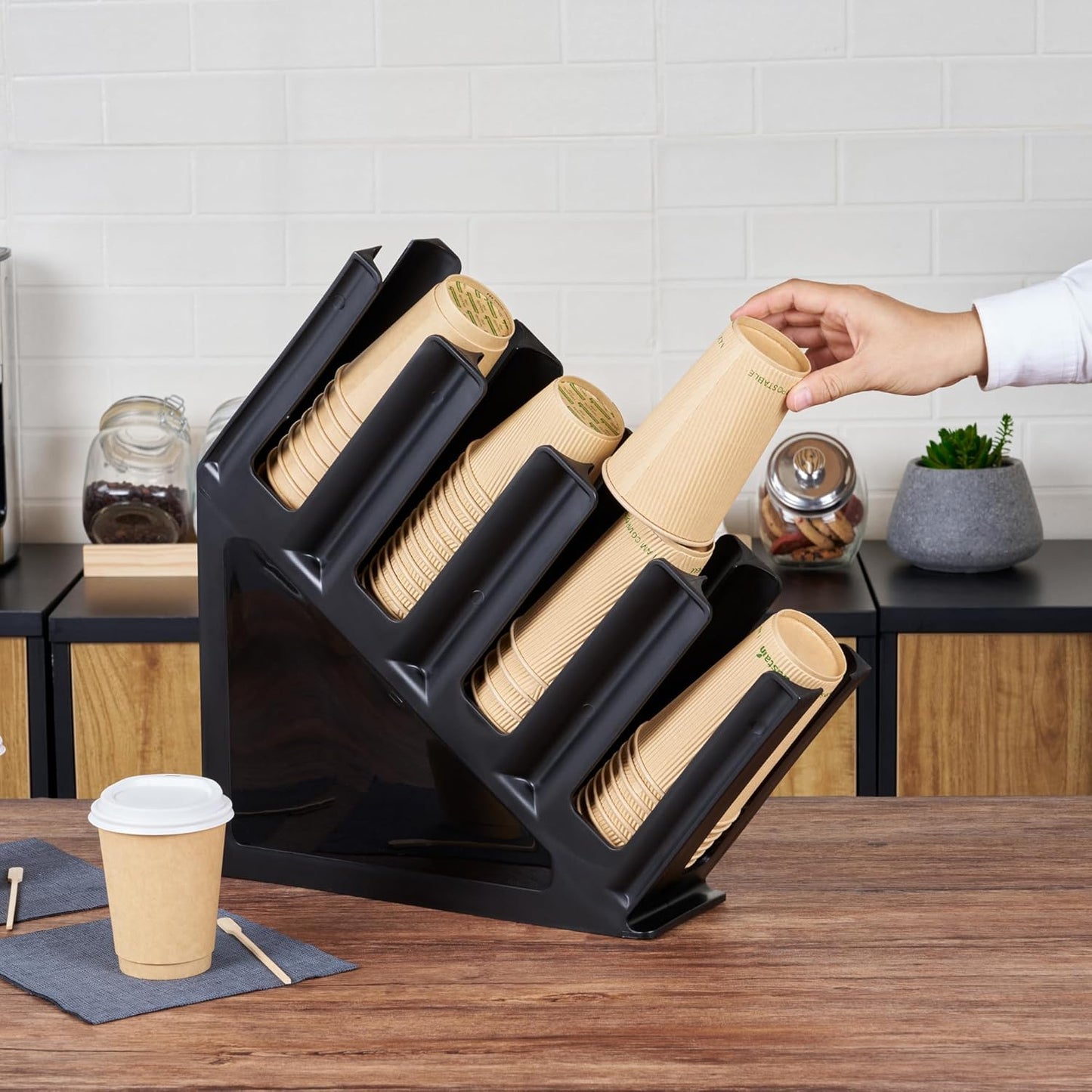 Restaurantware Restpresso Coffee Bar Organizer, 1 Count Durable 4 Compartments, Compact Size, Black Plastic Tabletop Coffee Supplies Organizer For Homes, Office Spaces, Breakrooms, and Lounges