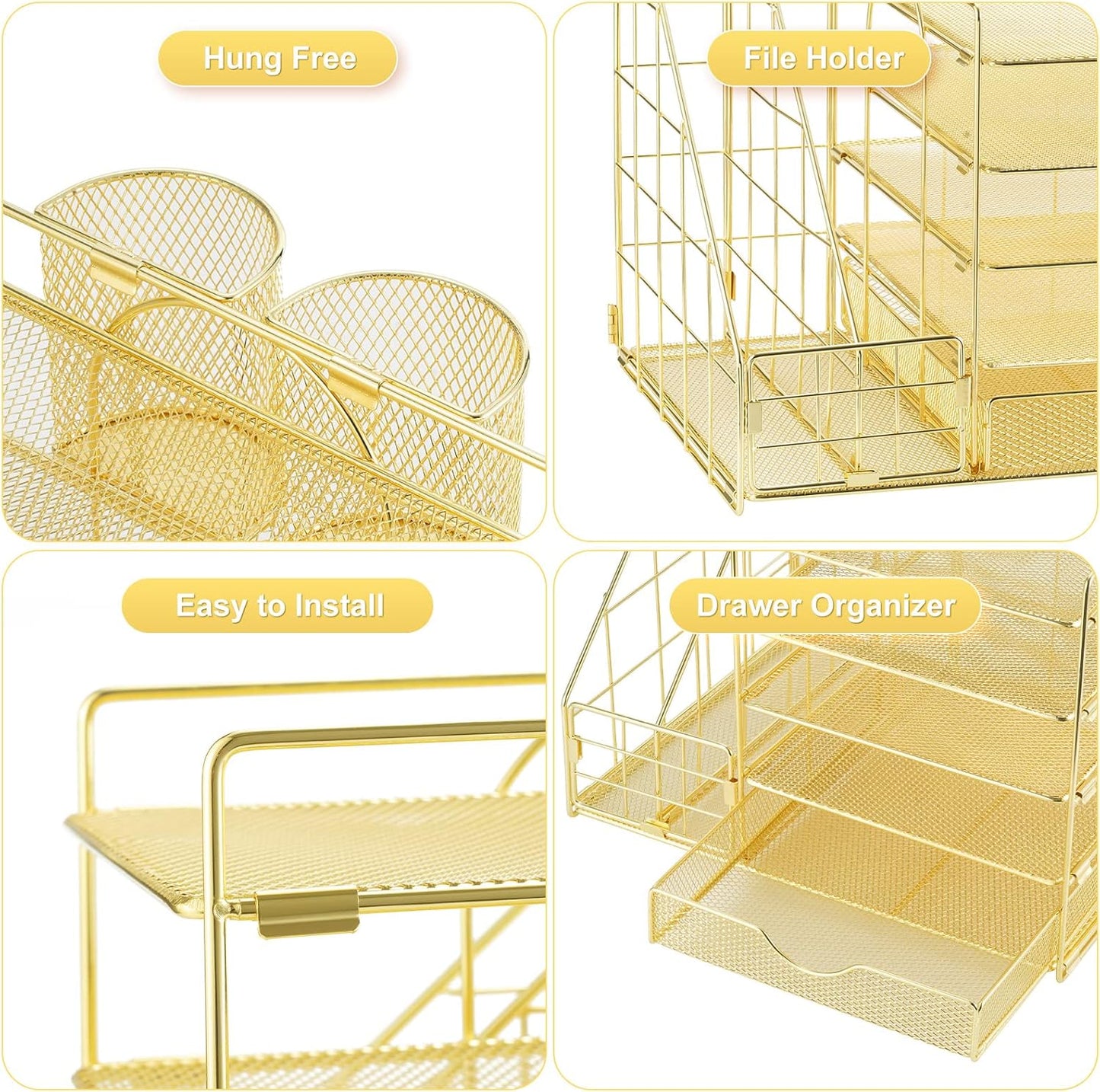 Marbrasse Rose Gold Desk Organizer with File Holder, 5-Tier Paper Letter Tray Organizer with Drawer and 2 Pen Holder, Mesh Desktop Organizer and Storage with Magazine Holder for Office Supplies