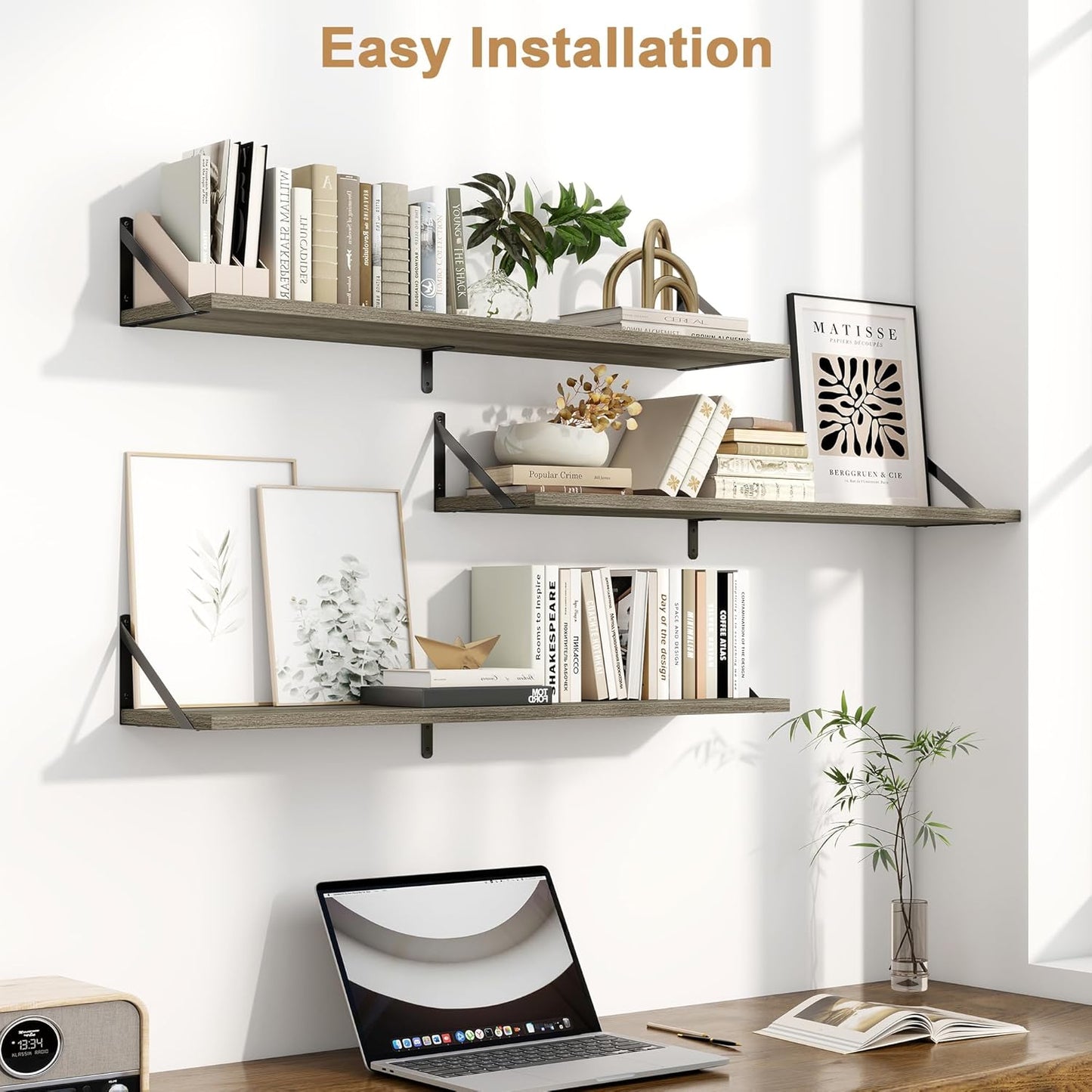 Fun Memories Long Wall Shelves for Bedroom, Set of 3 Large 40-Inch Floating Bookshelves, Rustic Wood Display Shelf for Home and Office (Grey)