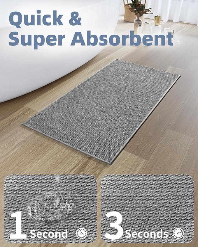 PADOOR Non-Slip Bath-Mats for Bathroom, Rubber-Backing Braided Absorbent Bathroom Mat Machine Washable Thin Bathroom Rugs Fit Under Door Quick Dry Bath Rugs for Floor, 24''x35'' Grey