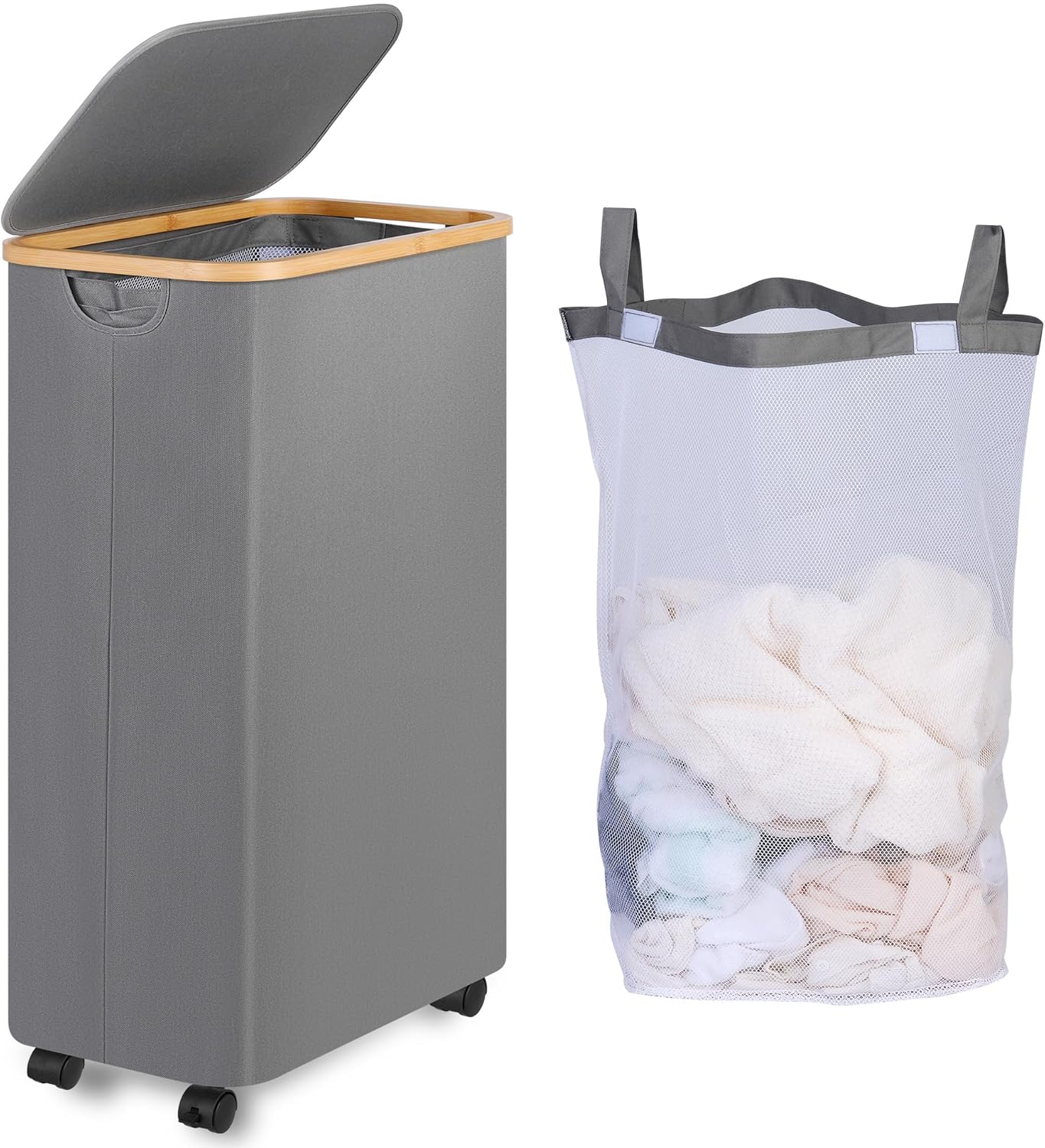 75L Slim Laundry Hamper with Wheels,Clothes Hamper for Laundry,Laundry Basket with Lid & Inner Bag,for Laundry Room, Bedroom, Dormitory Organization,Grey