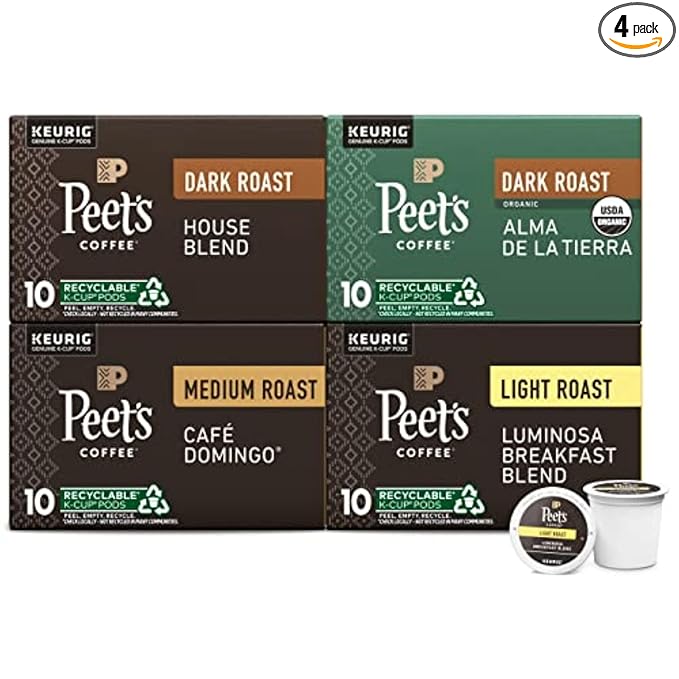 Peet's Coffee, Keurig K-Cup Pods Variety Pack - Luminosa Breakfast Blend, Café Domingo, Organic Alma De La Tierra, House Blend, 40 Count (4 Boxes of 10 Pods)