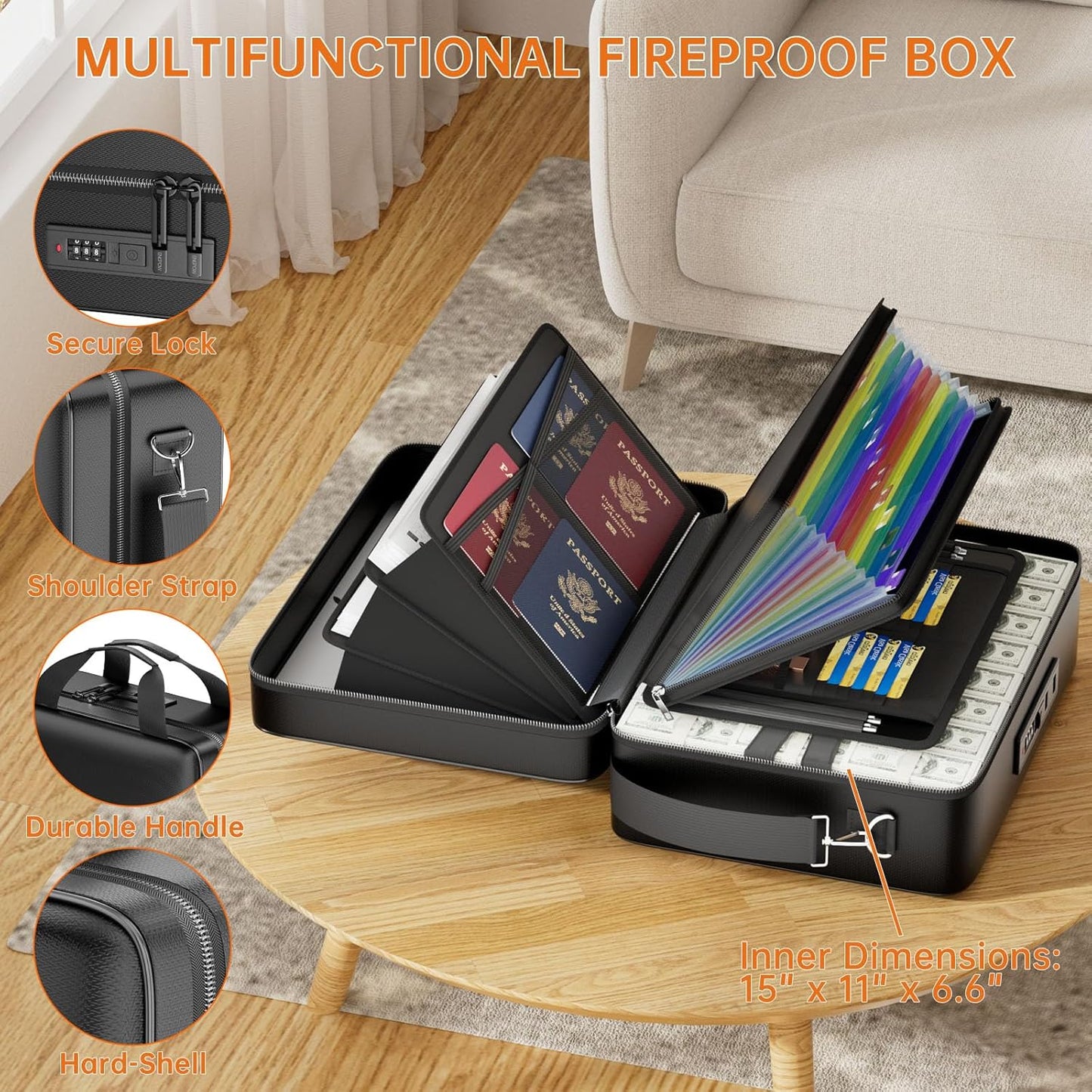 ENGPOW Fireproof Document Box with Lock, Fireproof Water Resistant Hard Case File Organizer Safe Box with Multi Pockets, Protects Important Documents Certificates Laptop Passports (Black)