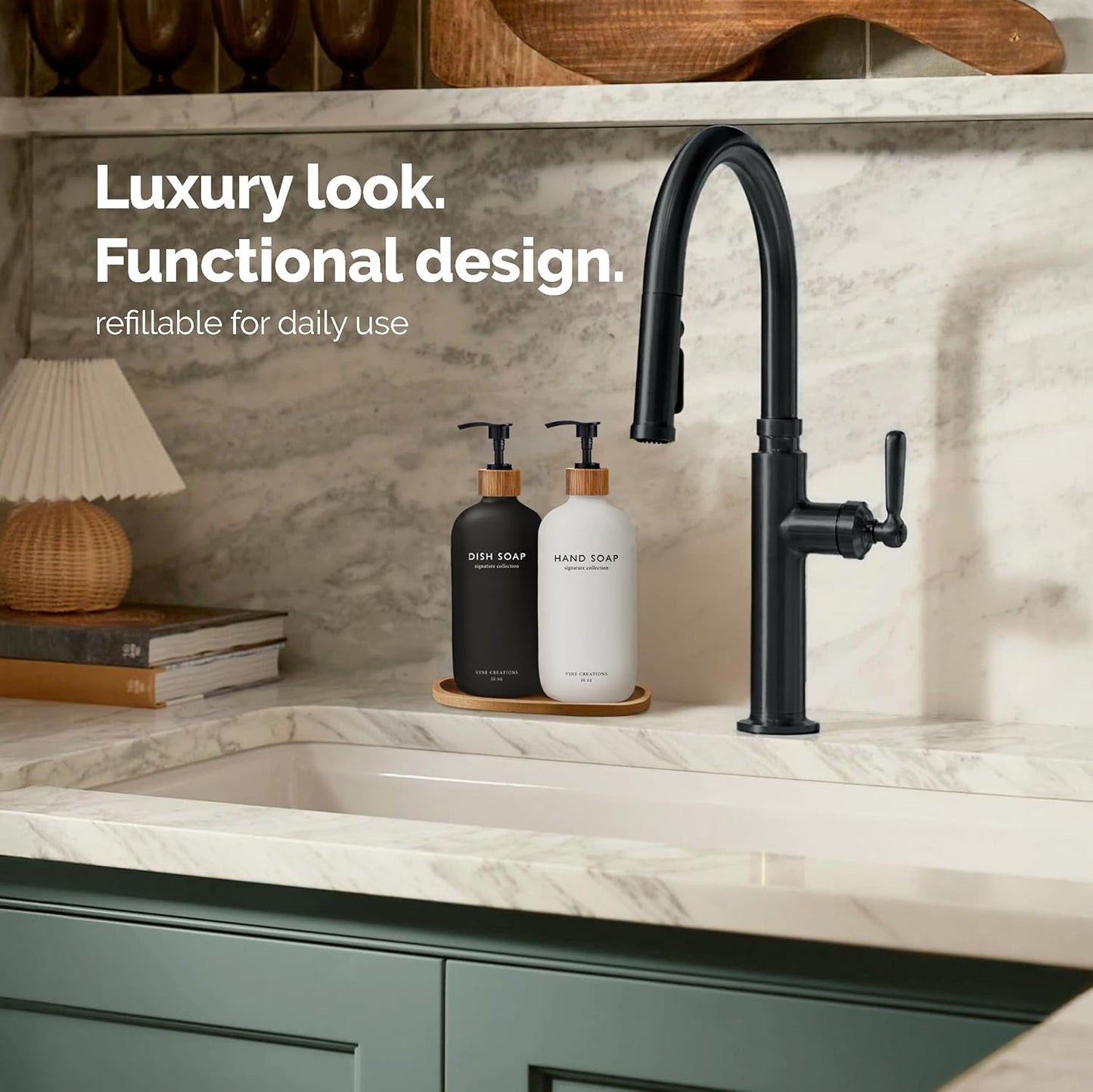 Vine Creations Glass Soap Dispenser Set, Hand Soap and Dish Soap Dispenser Set with Bamboo Tray, 16 oz Glass Dispensers Bottle for Kitchen and Bathroom Decor Modern Boho with Bamboo Pump (Black/White)