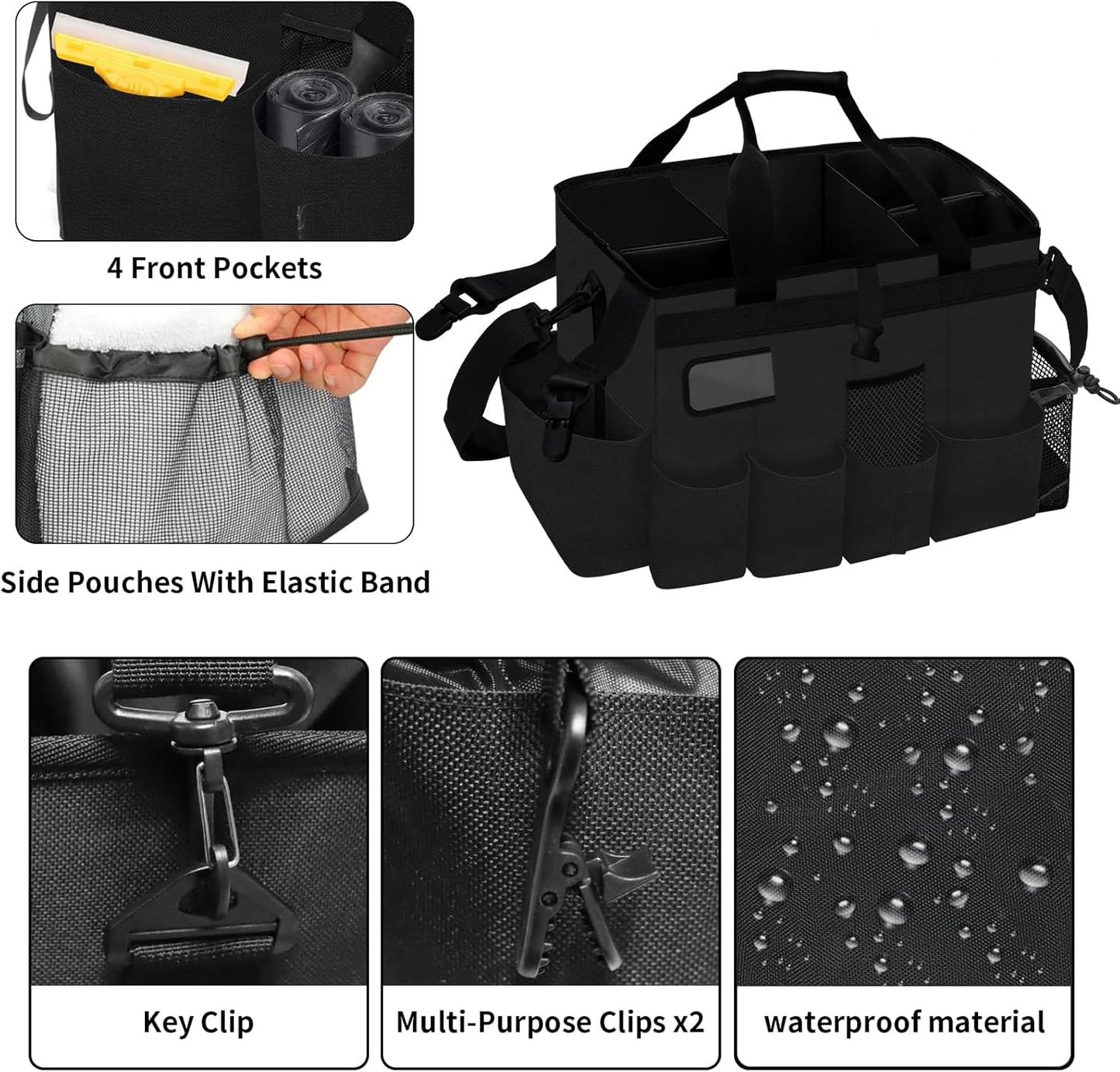 Kovshuiwe Wearable Cleaning Caddy Bag with 4 Foldable Dividers, Cleaning Supply Tote for Cleaning Supplies, Cleaning Organizer with Shoulder Strap and Side Handles for Cleaners
