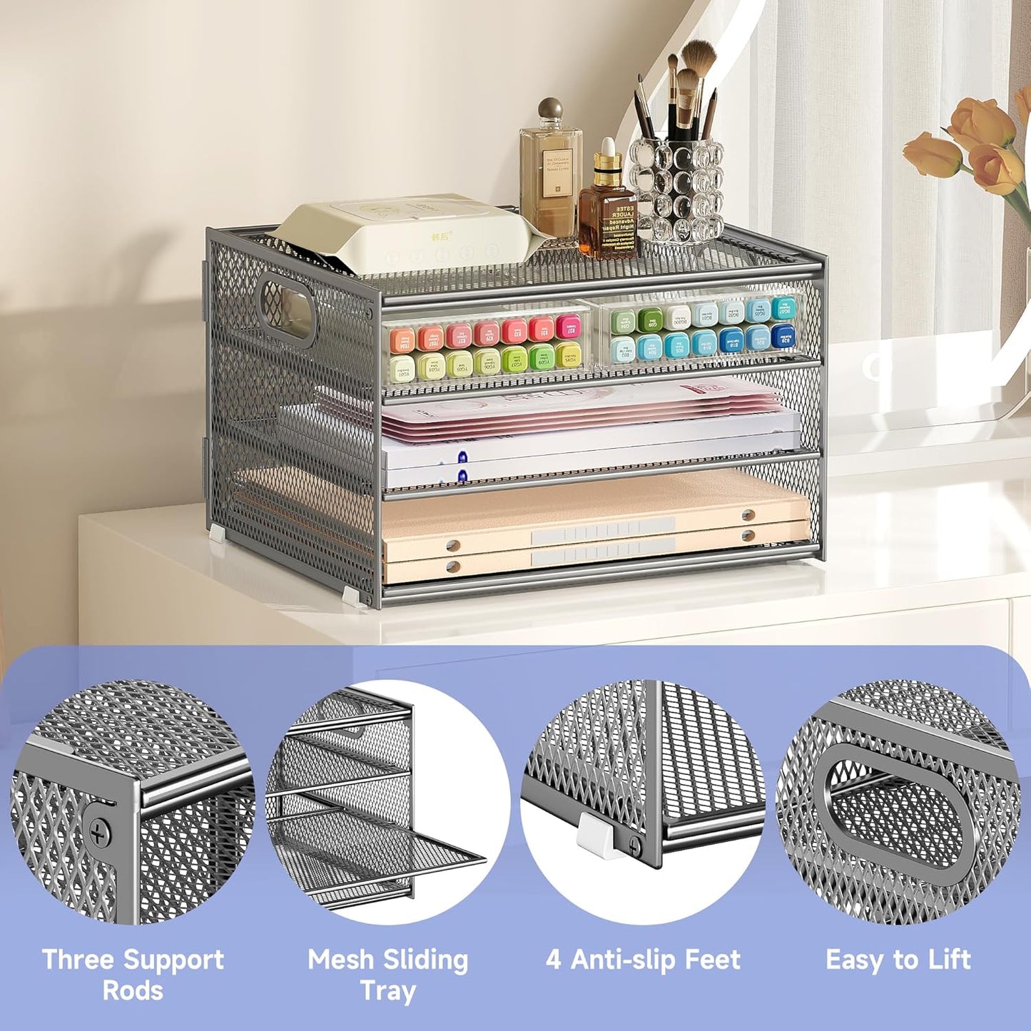 Subekyu Paper Letter Tray Organizer for Desk, Silver Metal Mesh Desk File Folder Sorter Organizer with Handle for Home Office School Supplies Organization