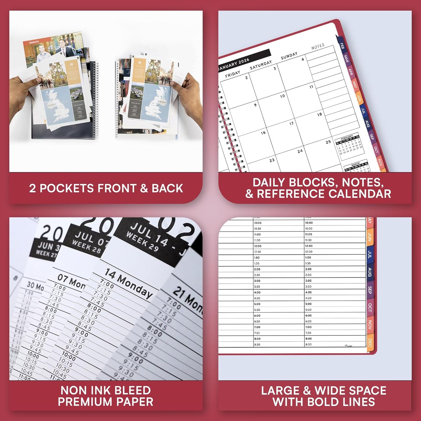 Ensight 2026 Appointment Book and Planner 6.5" x 8.5" Large Hourly Weekly Daily Schedule Book with Tabs, 30 Minute Time Slots, Maroon Calendar Organizer Jan 2026–Dec 2026 Appointment Planner - Maroon