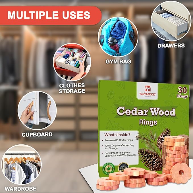 Cedar Blocks for Clothes Storage - Raimarket 30 Pack Wood Flowers & Chips for Closets, Wardrobe, Drawers & Shelves - Natural Aroma & Moisture Absorption