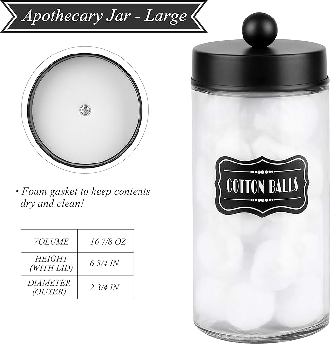 Apothecary Jars 3 Pack - Glass Bathroom Containers with Stainless Steel Lids - Rustic Farmhouse Decor Bathroom Accessories, Vanity Organizer Apothecary Jars for Qtip/Cotton Balls (Matte Black)