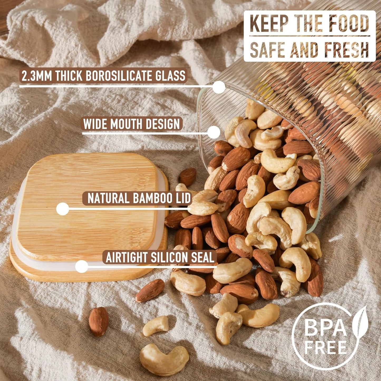 37oz Airtight Glass Square Storage Canisters with Bamboo Lids Set of 4 (1100ml) Striped Stackable Containers, Kitchen Jars for Pantry Noodles, Flour and Coffee beans (‎with Black Lable)