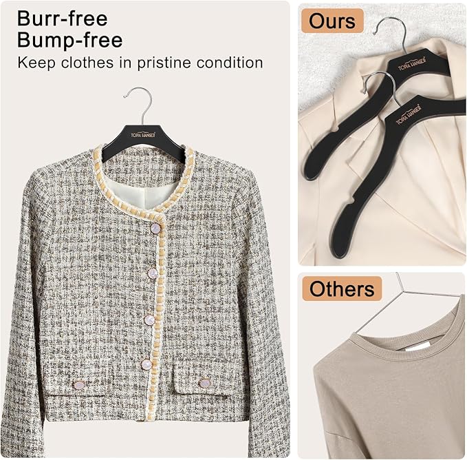 TOPIA HANGER Wooden Coat Hangers 24 Pack, Premium Wood Suit Sweater No Shoulder Bump Hangers, 360° Swivel Hook and Cut Notches Clothes Hangers for Sweater, Hoodie, Shirts, Jackets, Dress, Black CT85B