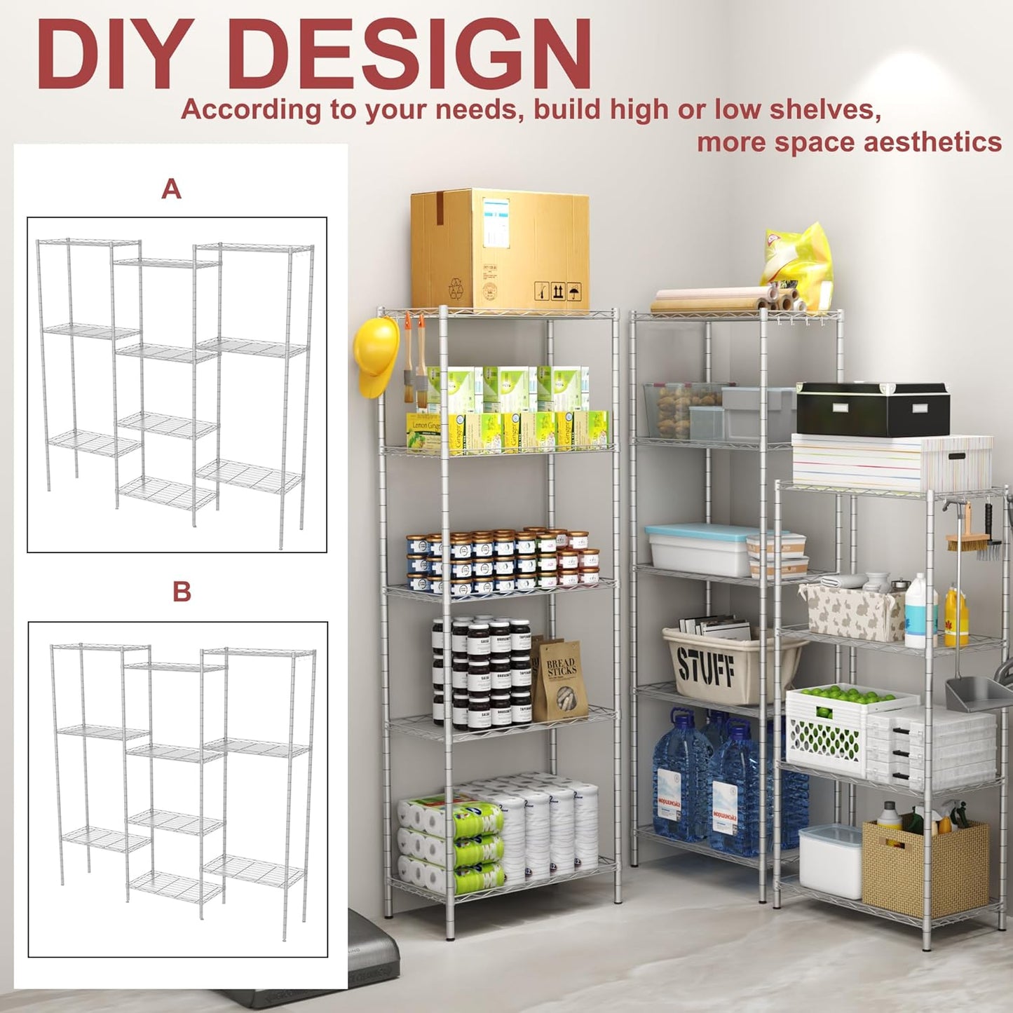 HOMEFORT 6-Shelving Unit, Adjustable Wire Shelving, Metal Wire Shelf Rack Organizer for Kitchen, Pantry, Closet, Bathroom, Laundry, Sliver,21" W x 11" D x 69" H