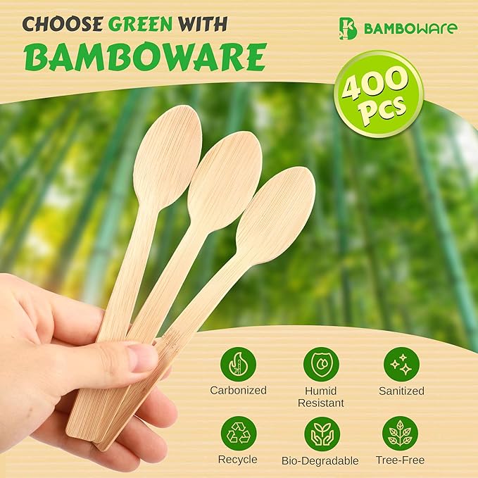 100% Bamboo Utensils - 400 Carbonized Spoons Disposable Cutlery Biodegradable and Sanitized - Heavy Duty & Fully Functional