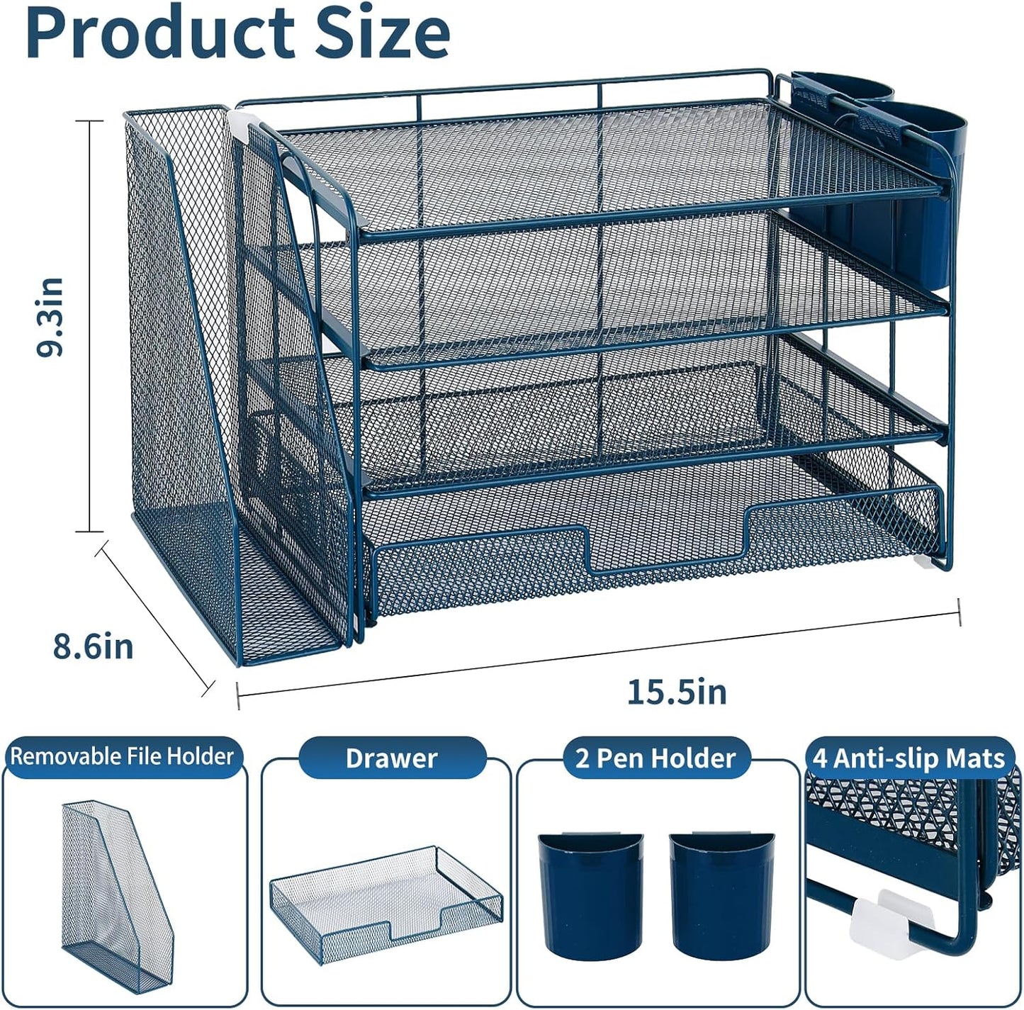 Desk Organizer and Accessories, 4-Tier Desktop File Organizer with Drawer and 2 Pen Holders, Office Desk Accessories, File Sorters, Workspace Organizers for Office Supplies(Dark Blue)