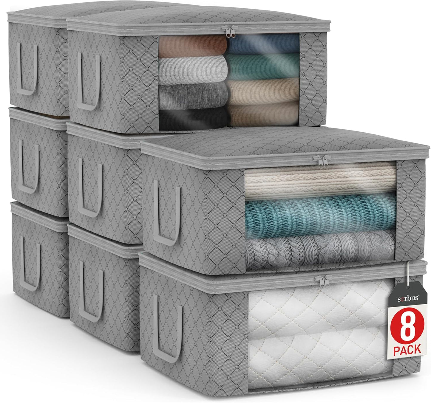 Sorbus Medium Clothes Storage Bags - Foldable Blanket Storage Bins for Organizing Bedroom, Closet, Clothing, Comforter, Organization with Clear Window, Lids and Carry Handles - Set of 8