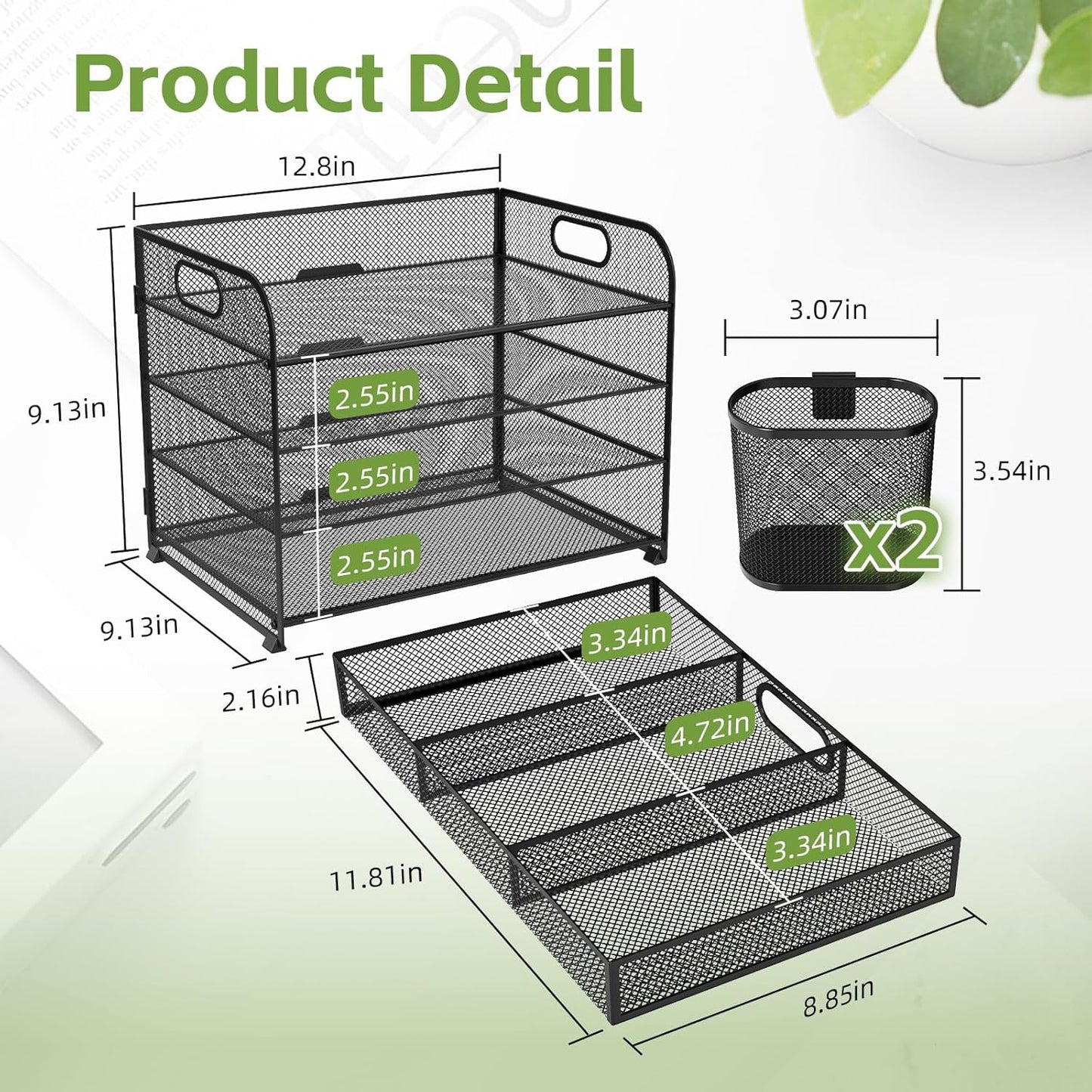 Desk Organizer and Accessories，4-tier Paper Letter Tray Organizer, Desk File Organizer with Drawers and 2 Pen Holders for School and Home Office Supplies (black)