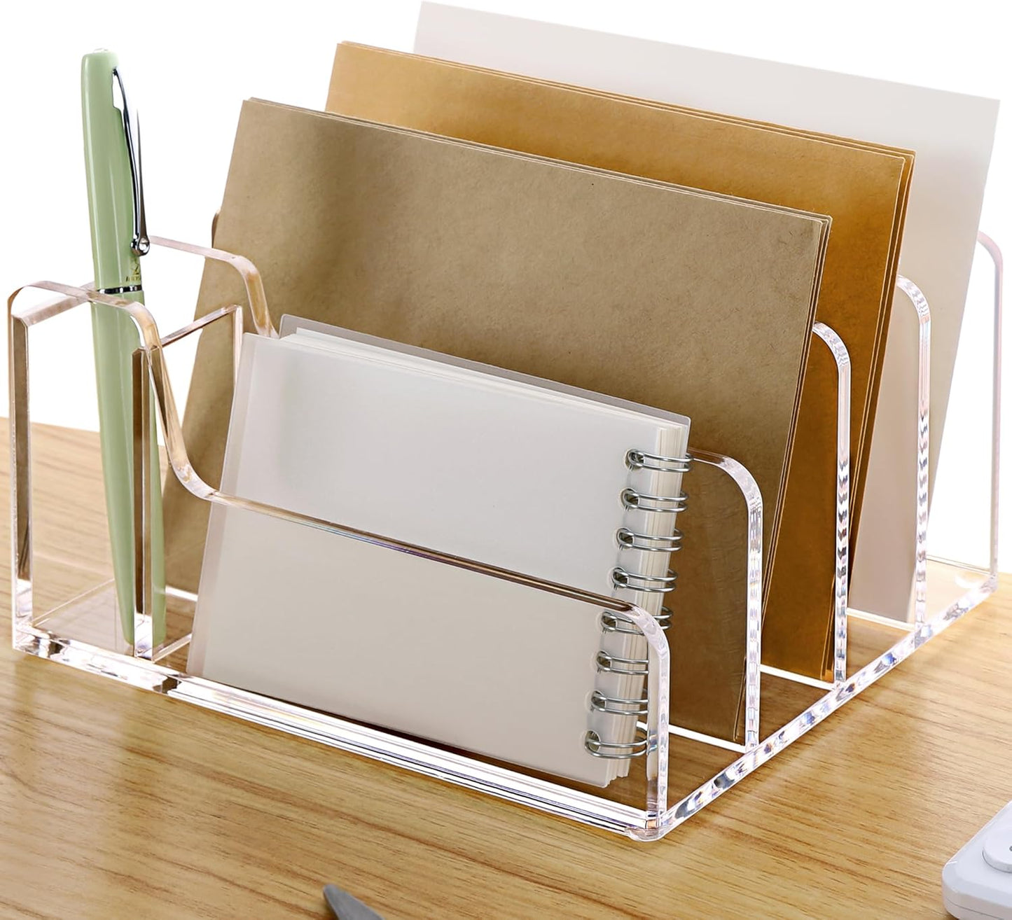 SANRUI Acrylic Mail Organizer, 5 Compartments File Holder for Desk,Letter Sorter with Pen Holder,Desk Organizers and Accessories,Clear Cute Mail Sorter