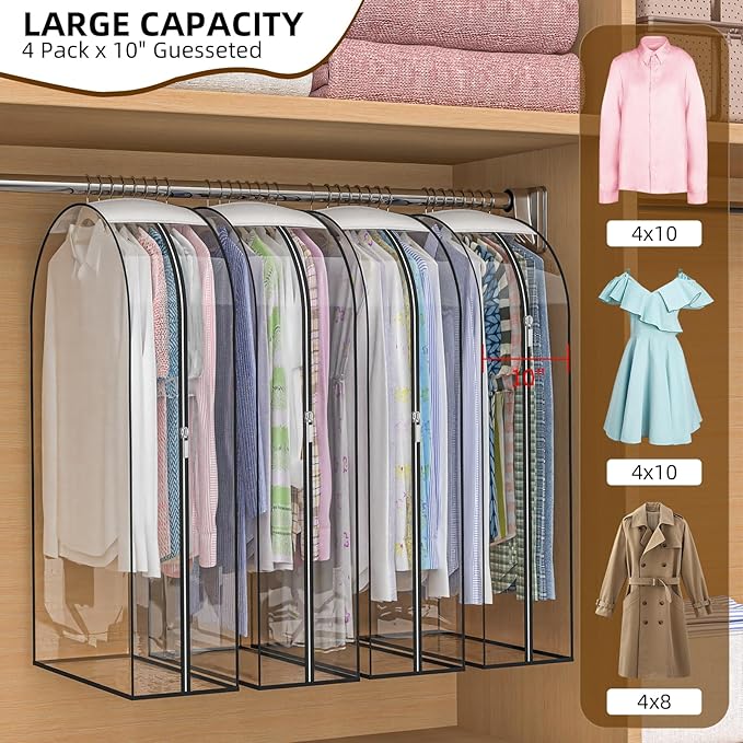 Upgraded Thickened Clear Garment Bags for Hanging Clothes 4 Packs, 10“ Gusseted Clothes Hanging Storage Bags for Closet, Shirts, Coats, Dresses (60 inch)