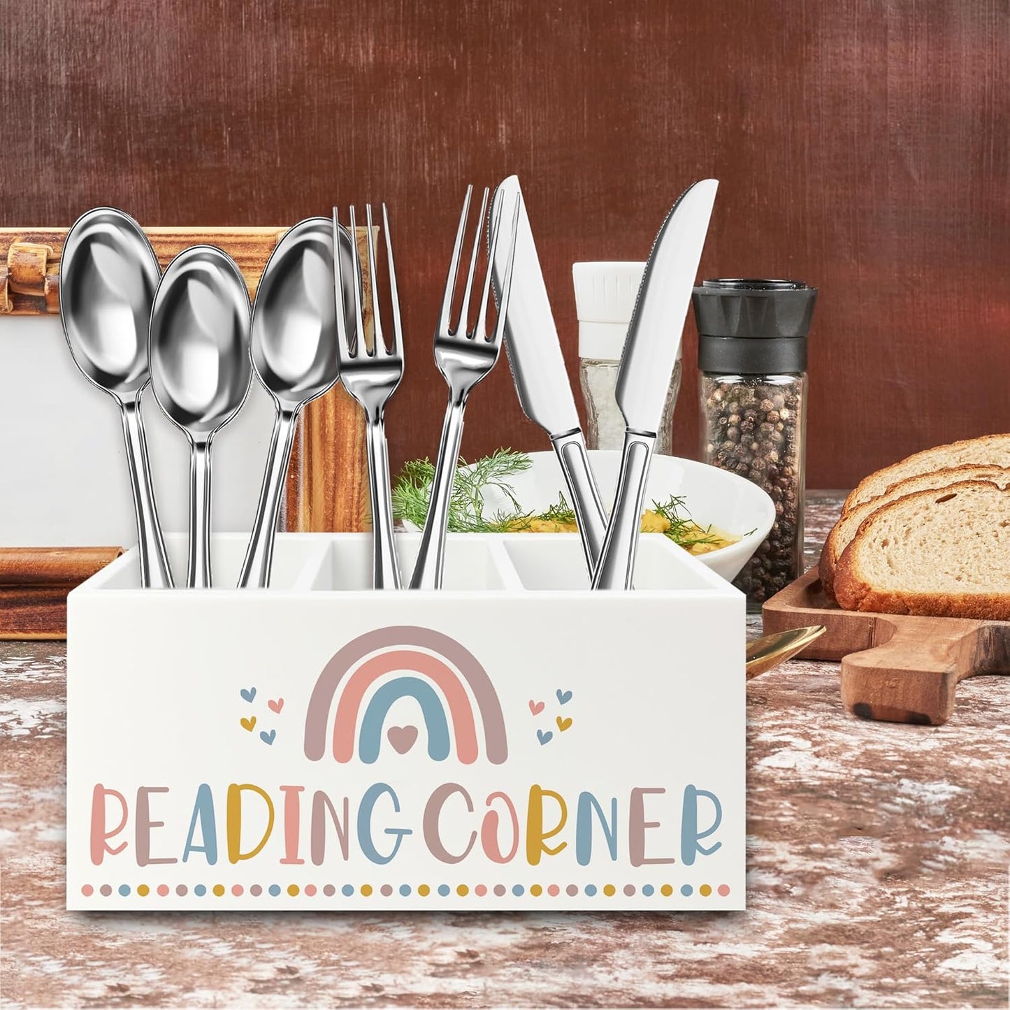 Boho Reading Corner Pen Pencil Holder Organizer for Desk, Boho Rainbow Bookish Wooden Box Signs Decorations for Reading Nook Corner Room Desk Tabletop, Book Lover Reader Gifts