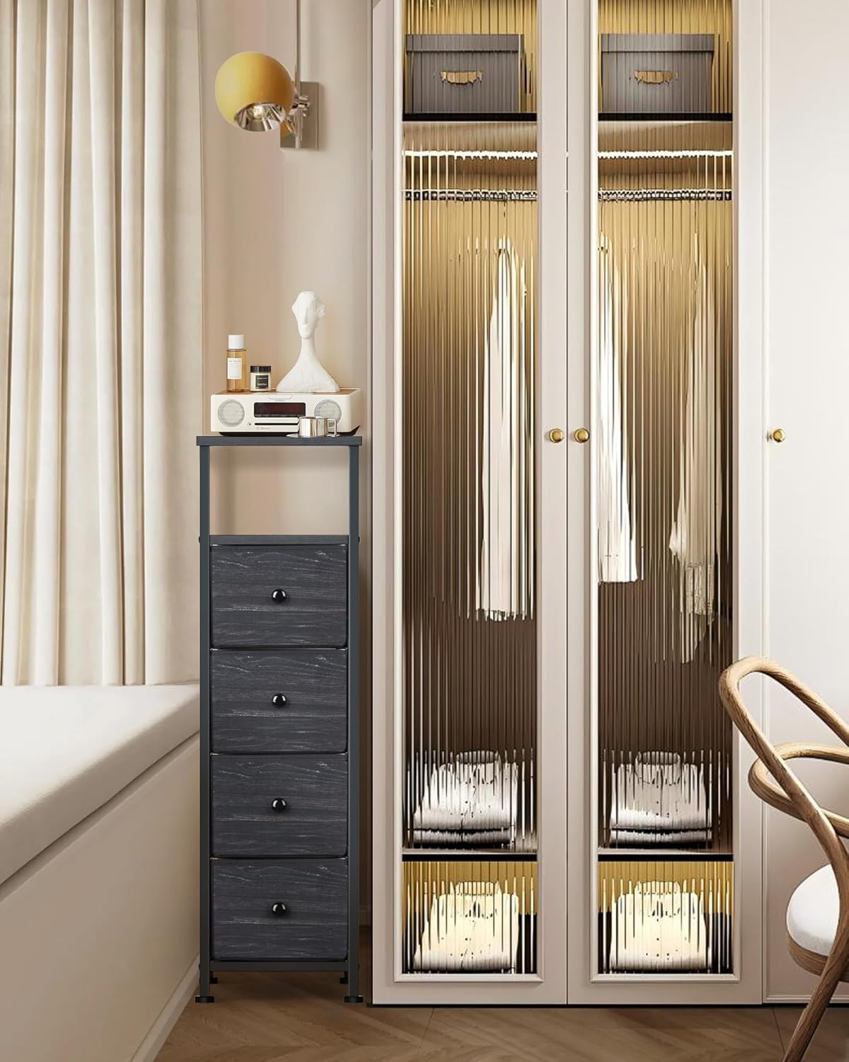 Narrow Dresser for Bedroom, Fabric Tall Dresser & Chests of Drawers with 4 Drawers, Vertical Organizer Storage Tower Unit for Bedroom, Hallway, Entryway Black Wood Grain