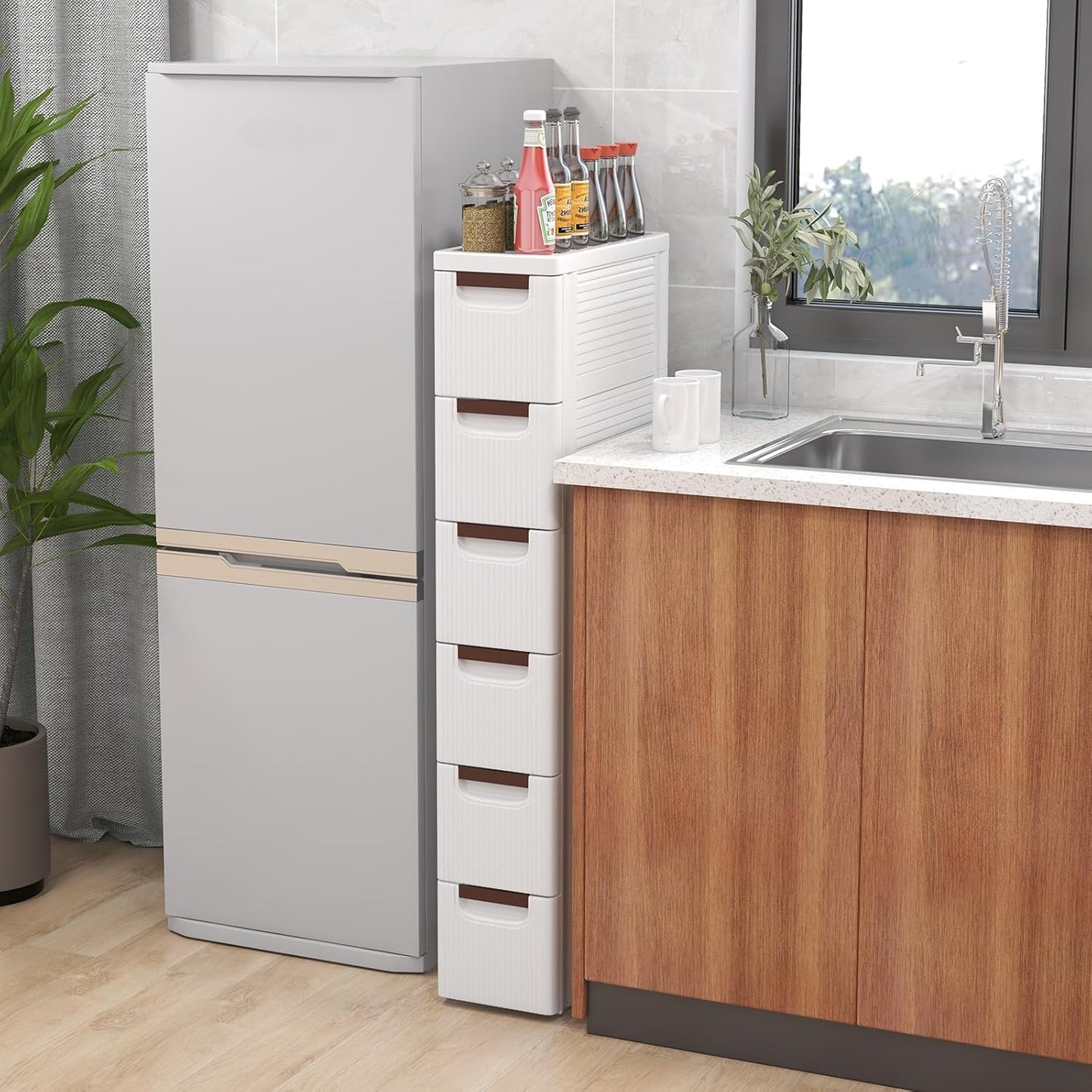 LOKO 6-Drawer Narrow Storage Cabinet, Slim Rolling Cart, Mobile Plastic Cart Container with Pull Handles, Built-in Wheels, for Living Room, Kitchen, Bathroom, Office (7.5"x16.5"x43" (6 Drawer))