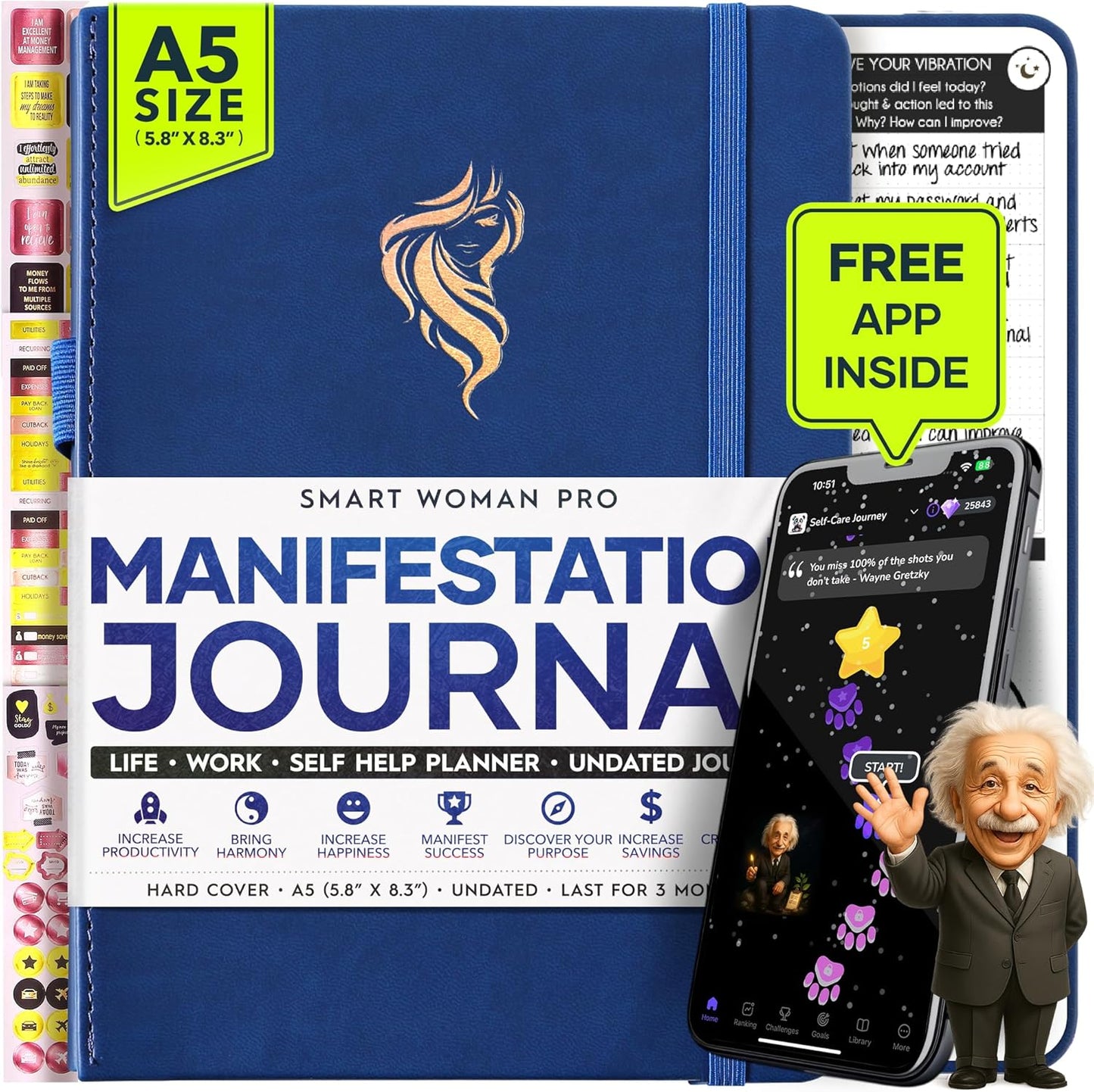 Manifestation Journal - 5 Minute Manifesting & Self Care Journal | 90-Day Undated Daily Planner for Positivity, Affirmations & Gratitude | Guided Mindfulness, Reflection | Vision Board + Stickers
