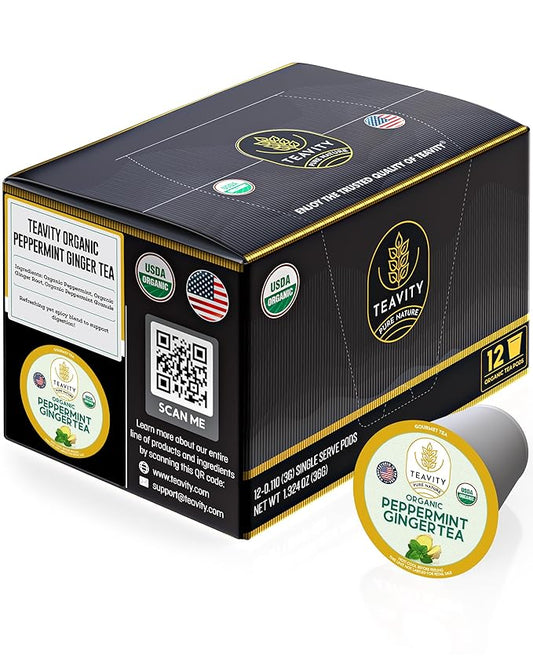 Organic Ginger Tea Pods for Keurig with Organic Peppermint Tea - Decaf Tea for K Cup Brewing Peppermint Ginger by Teavity (12 Tea Pods)